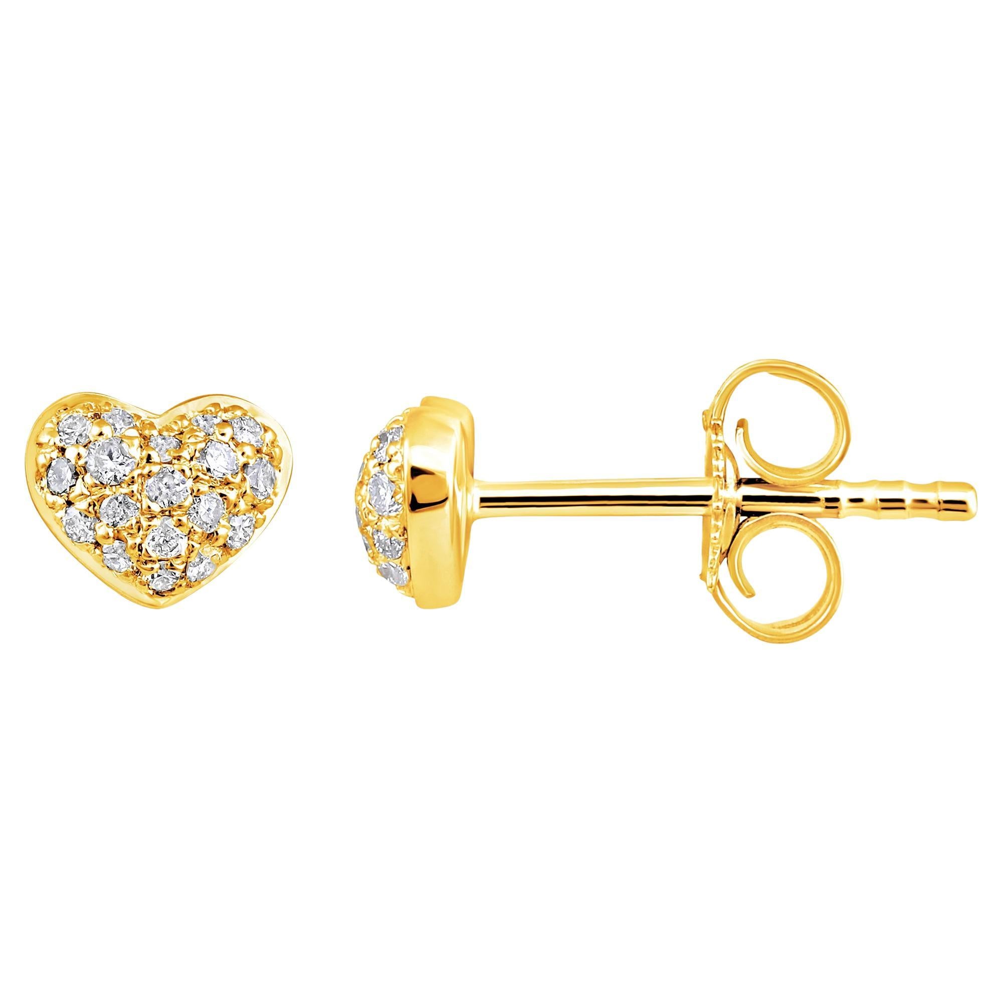 Certified 14k Gold 0.14 Carat Natural Diamond Small Heart Stud Yellow Earrings For Sale