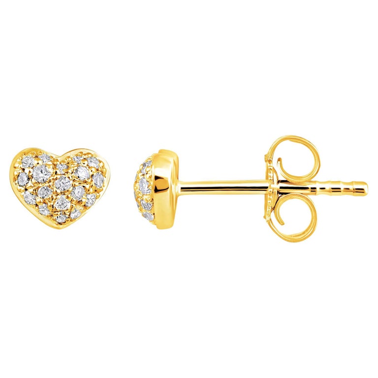 Checkered Heart Stud Earrings in 14K Yellow Gold