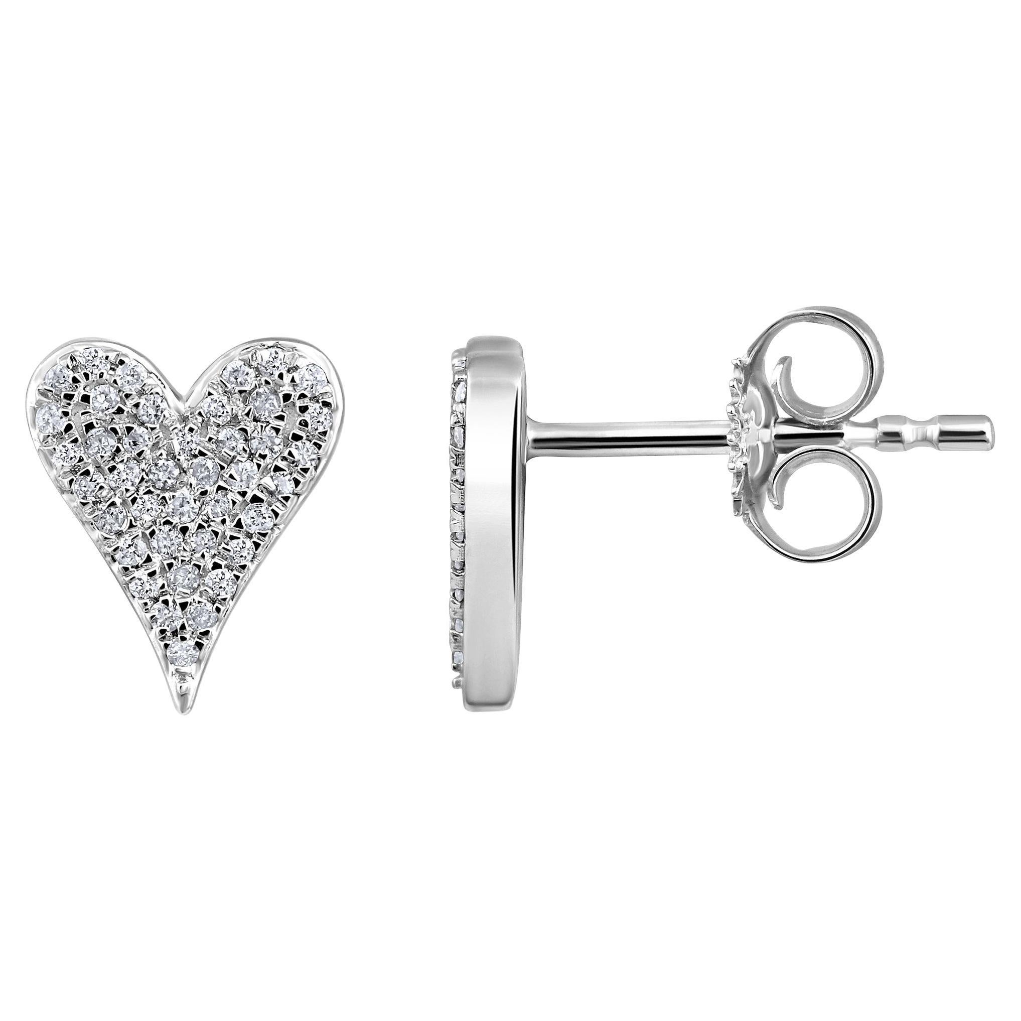 Certified 14k Gold 0.15 Carat Natural Diamond Small Heart Stud White Earrings For Sale