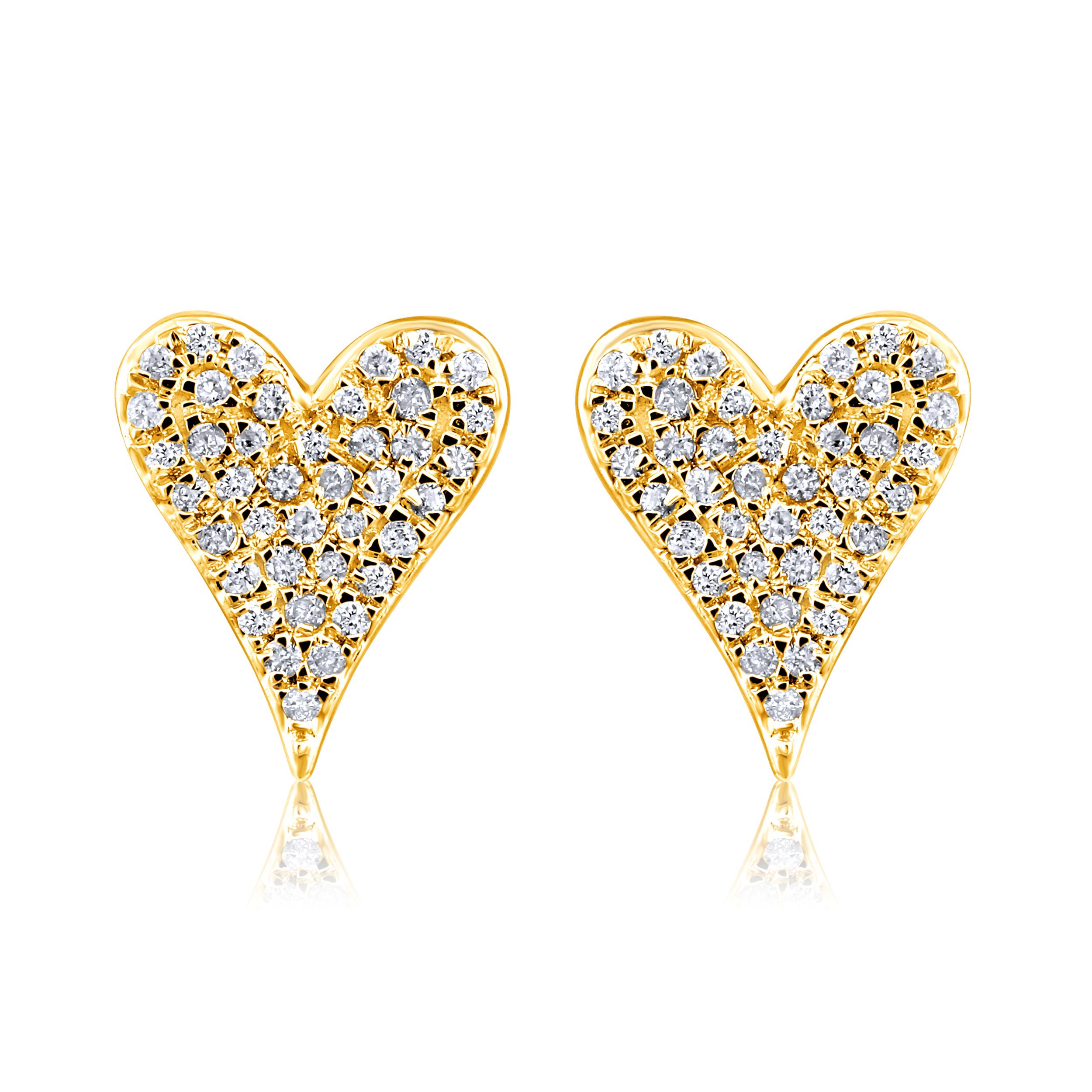 Contemporary Certified 14k Gold 0.15 Carat Natural Diamond Small Heart Stud Yellow Earrings For Sale