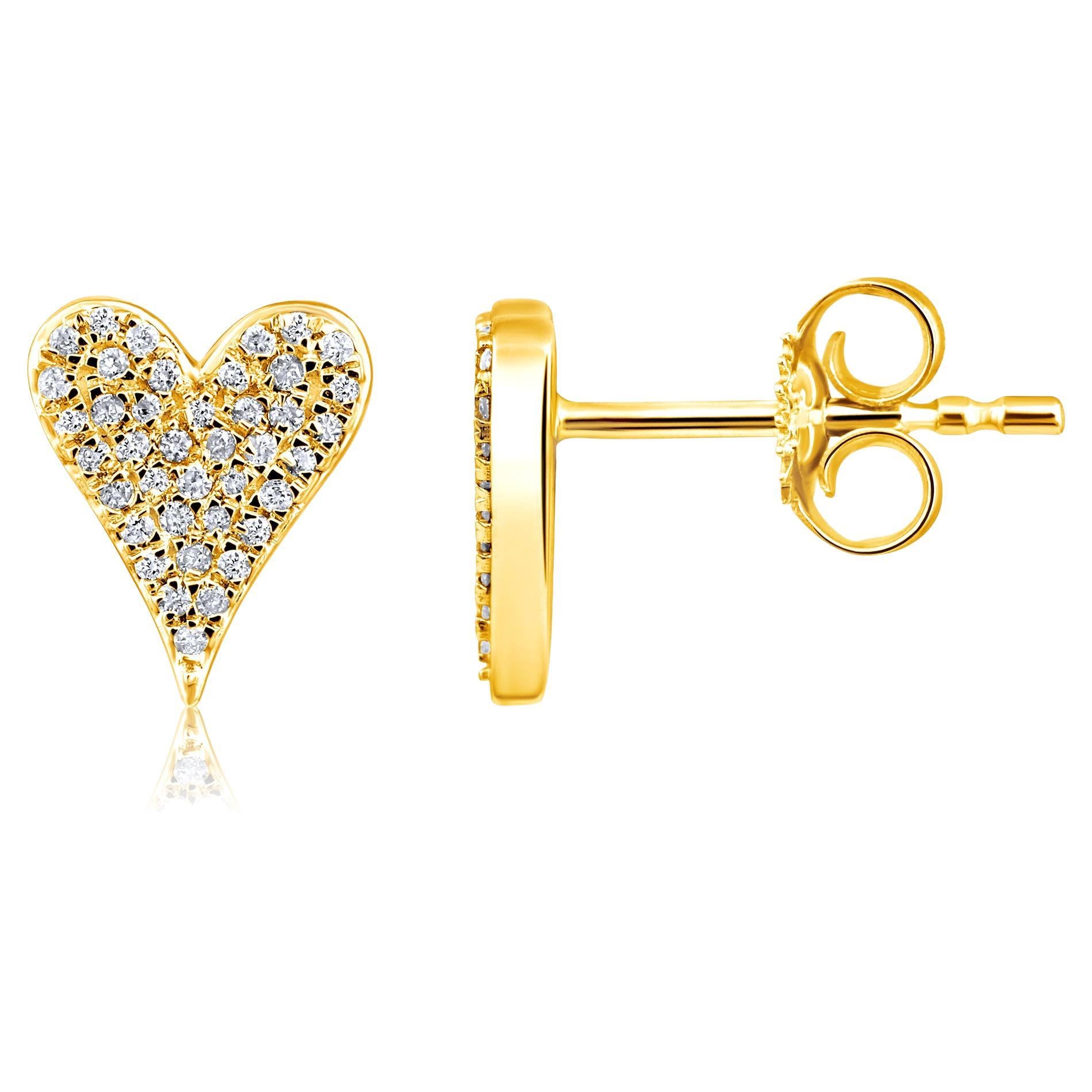 Certified 14k Gold 0.15 Carat Natural Diamond Small Heart Stud Yellow Earrings For Sale