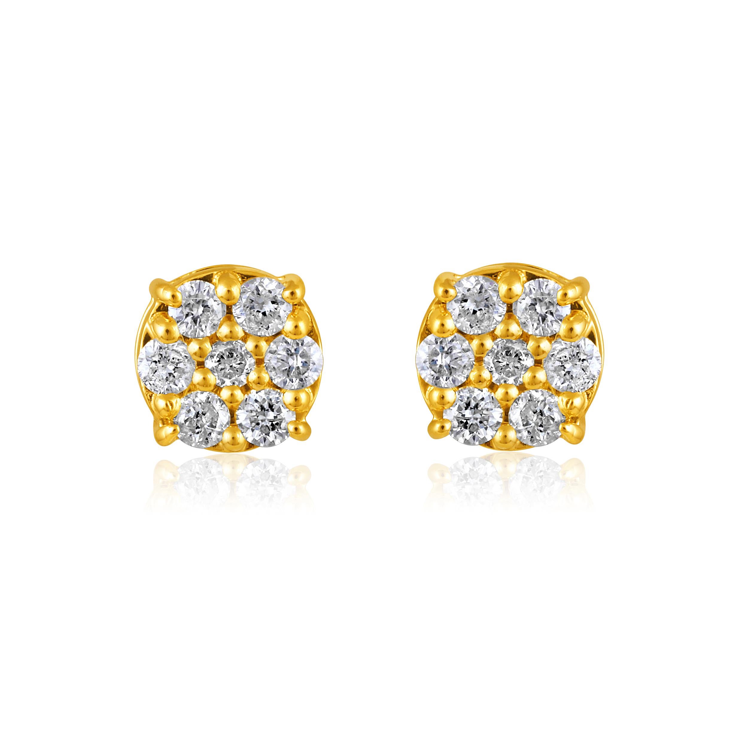 Contemporary Certified 14k Gold 0.18 Carat Natural Diamond Small Round Stud Yellow Earrings For Sale