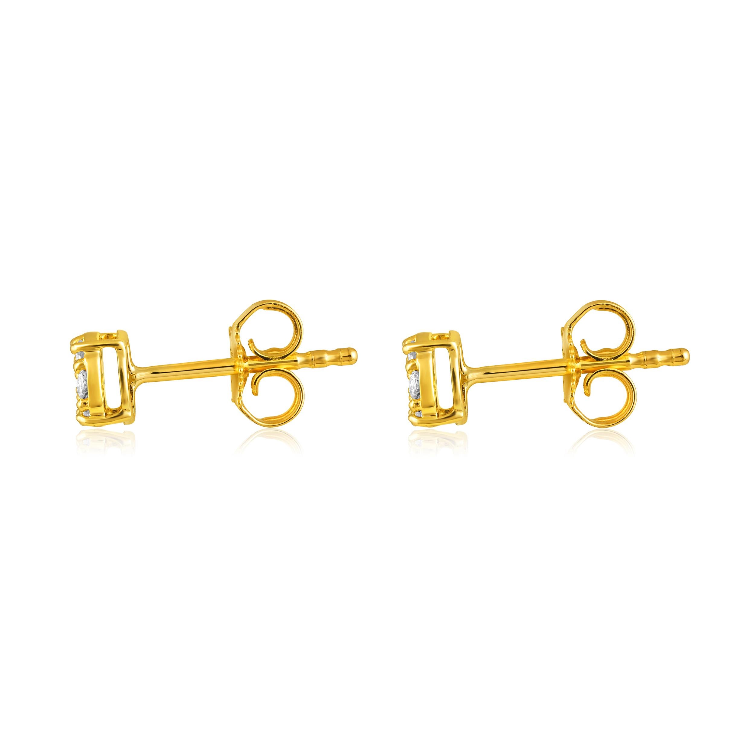 Brilliant Cut Certified 14k Gold 0.18 Carat Natural Diamond Small Round Stud Yellow Earrings For Sale
