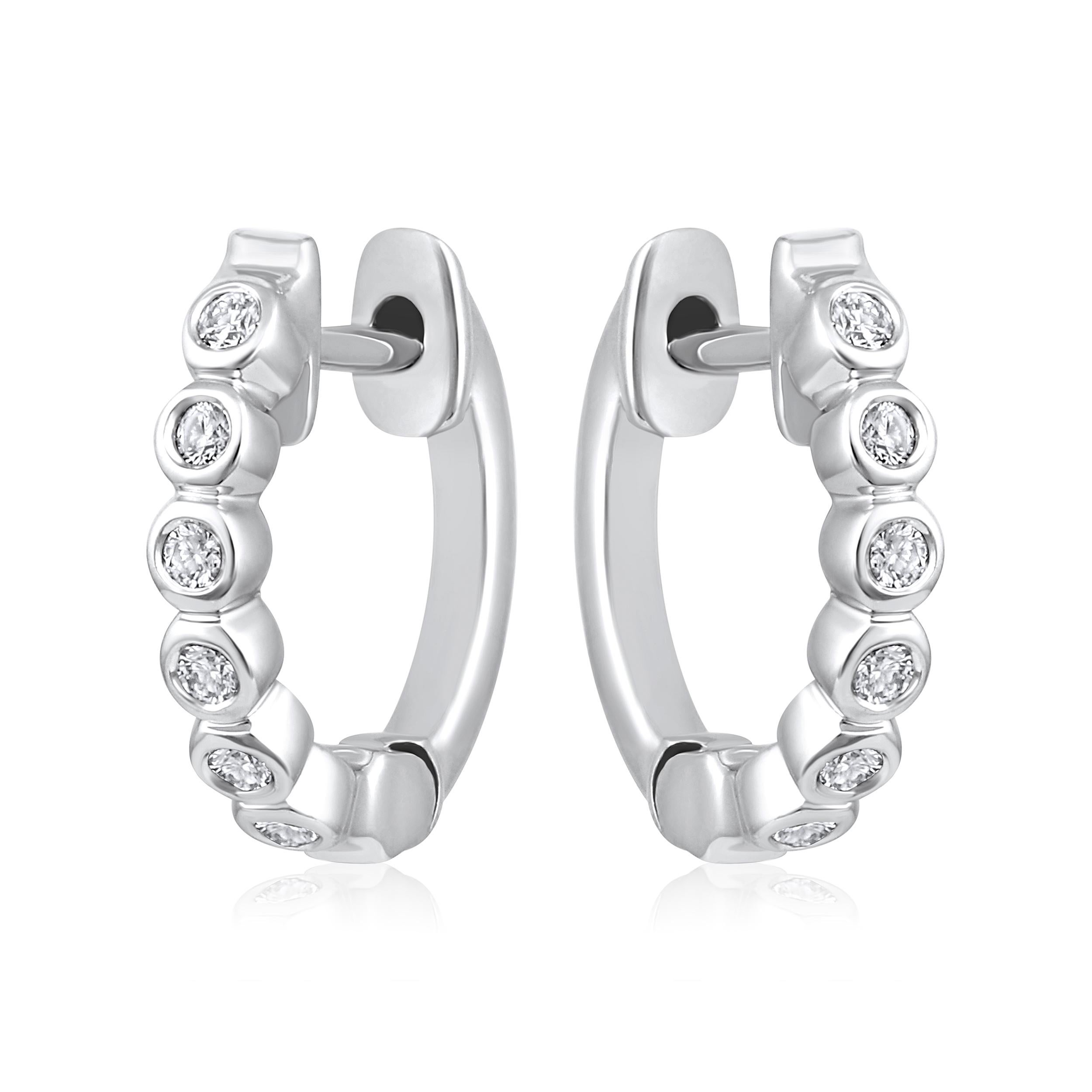 Contemporary Certified 14k Gold 0.1 Carat Natural Diamond Bezel Hoop White Earrings For Sale