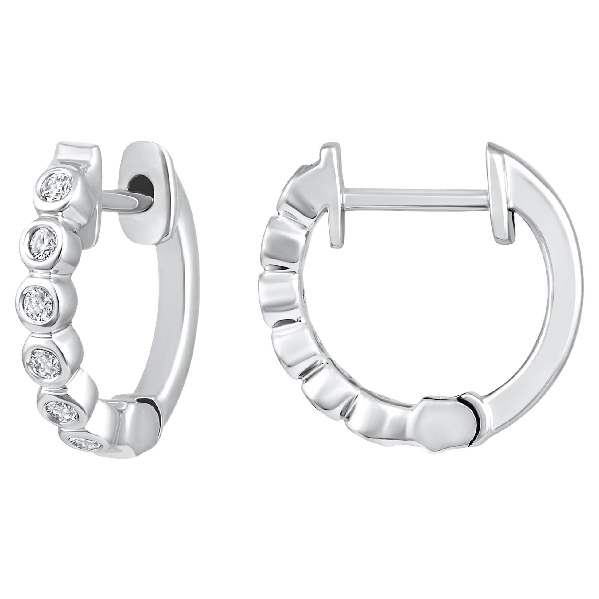 Certified 14k Gold 0.1 Carat Natural Diamond Bezel Hoop White Earrings For Sale