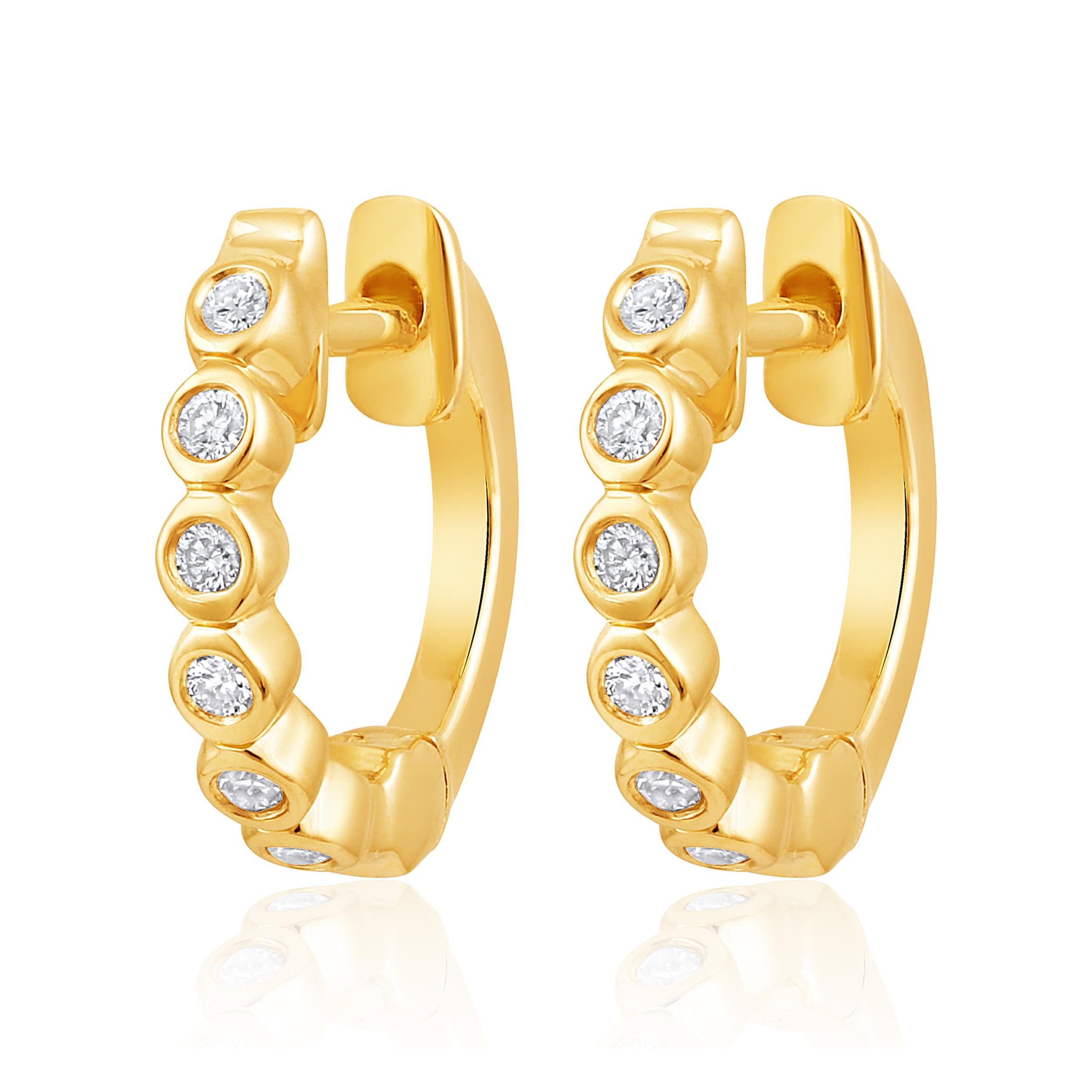 Contemporary Certified 14k Gold 0.1 Carat Natural Diamond Bezel Hoop Yellow Earrings For Sale