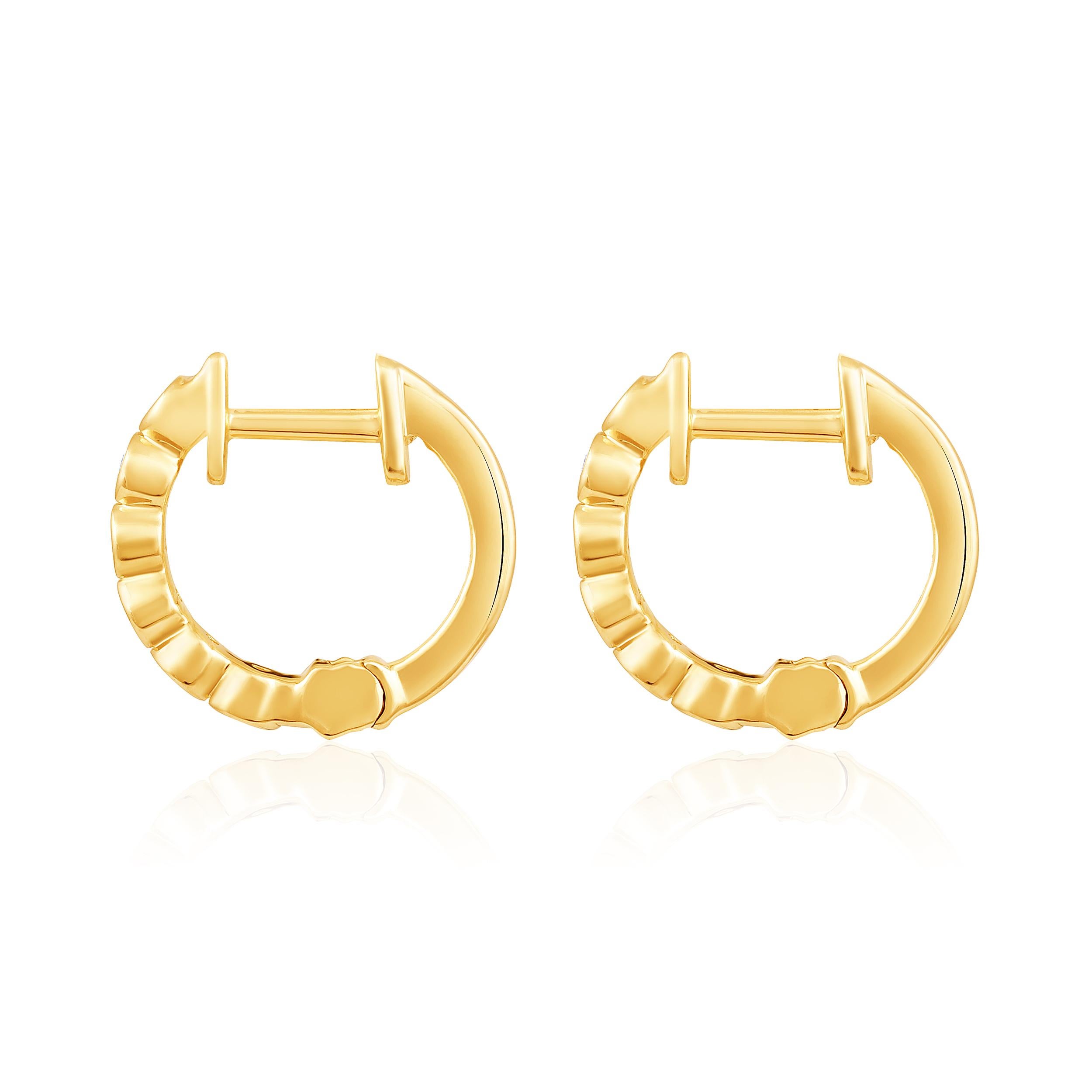 Brilliant Cut Certified 14k Gold 0.1 Carat Natural Diamond Bezel Hoop Yellow Earrings For Sale
