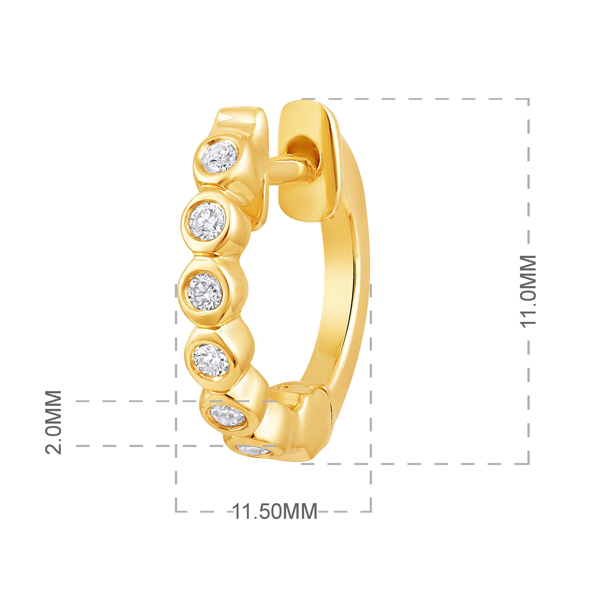 Certified 14k Gold 0.1 Carat Natural Diamond Bezel Hoop Yellow Earrings In New Condition For Sale In Los Angeles, CA