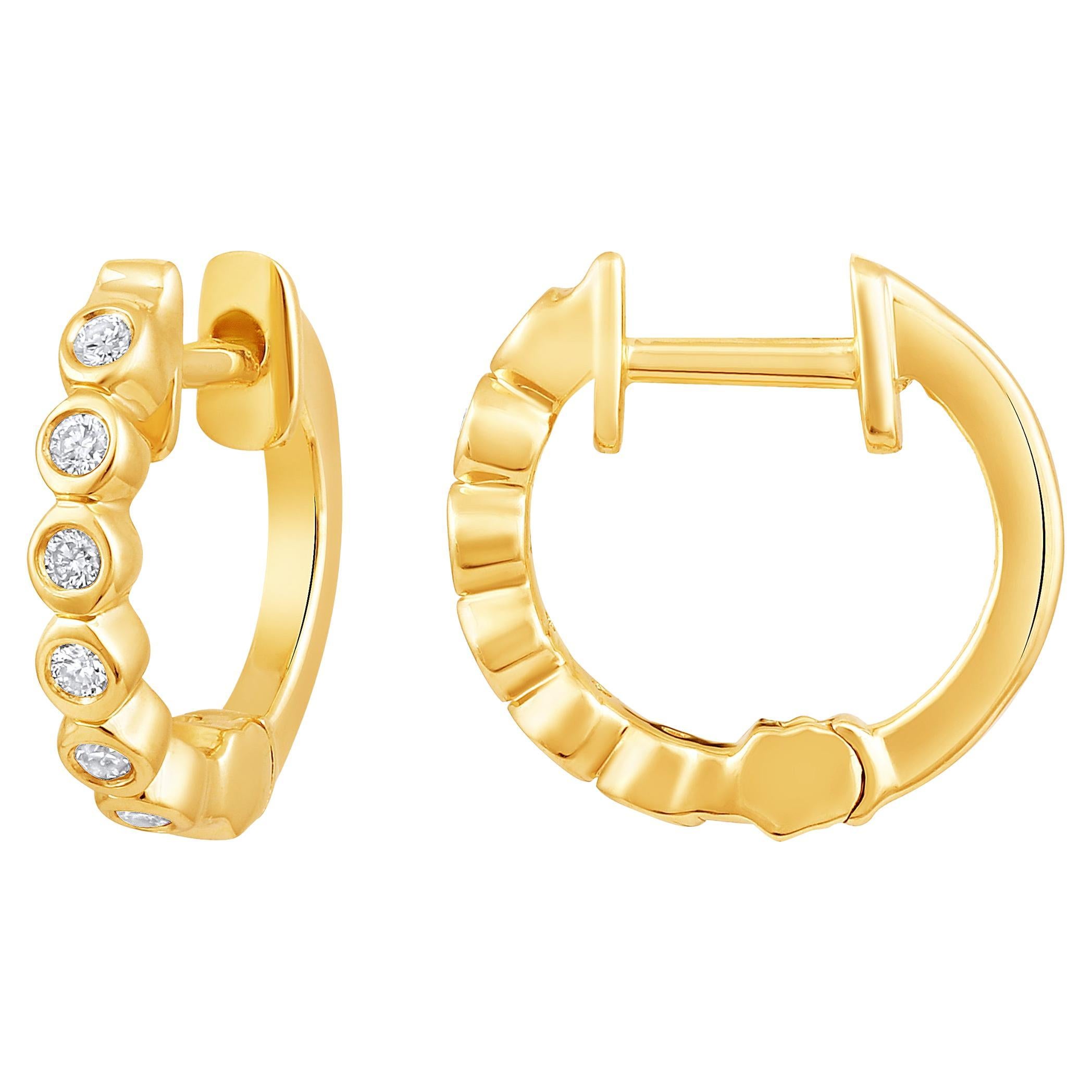 Certified 14k Gold 0.1 Carat Natural Diamond Bezel Hoop Yellow Earrings