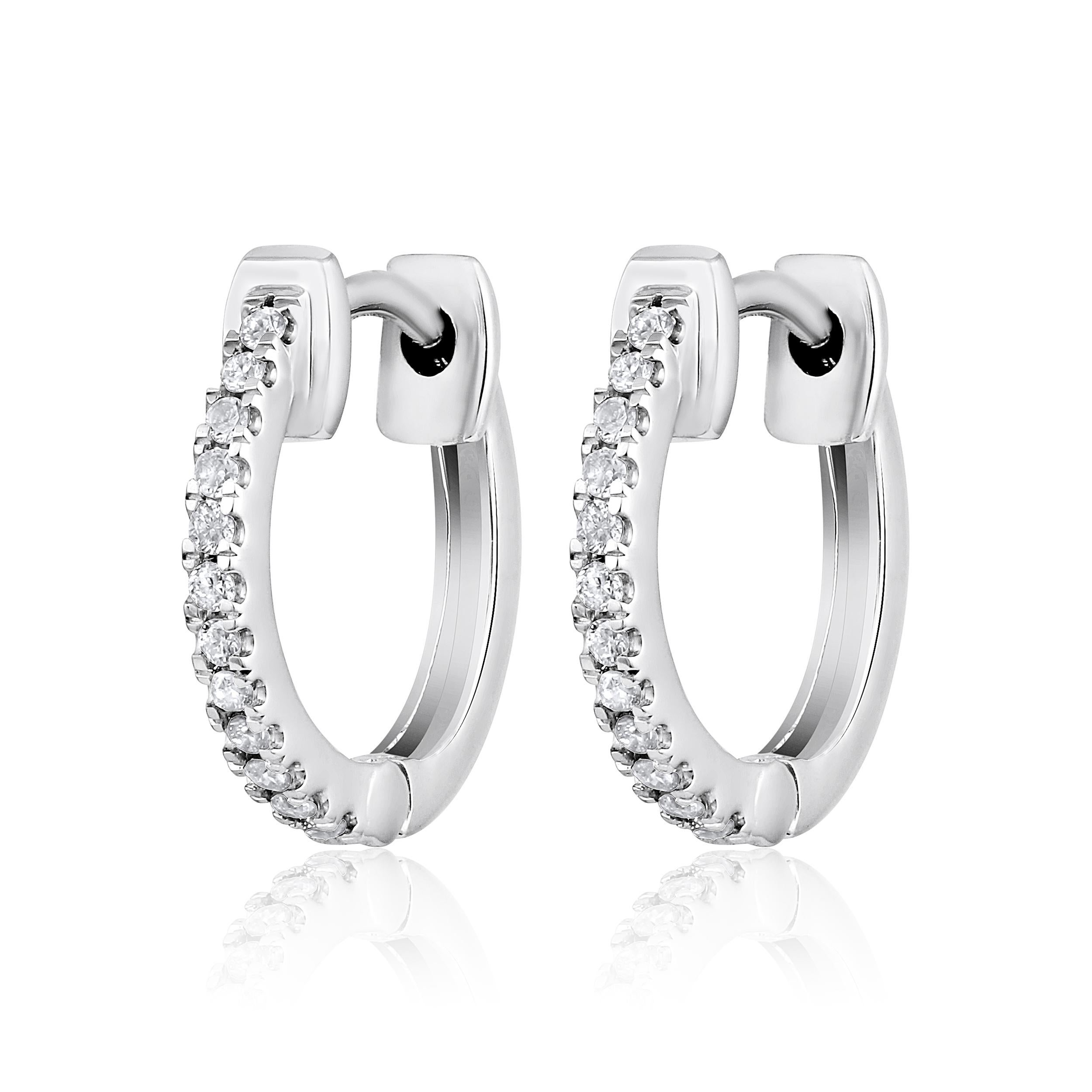 Contemporary Certified 14k Gold 0.1 Carat Natural Diamond Huggie Hoop White Earrings For Sale