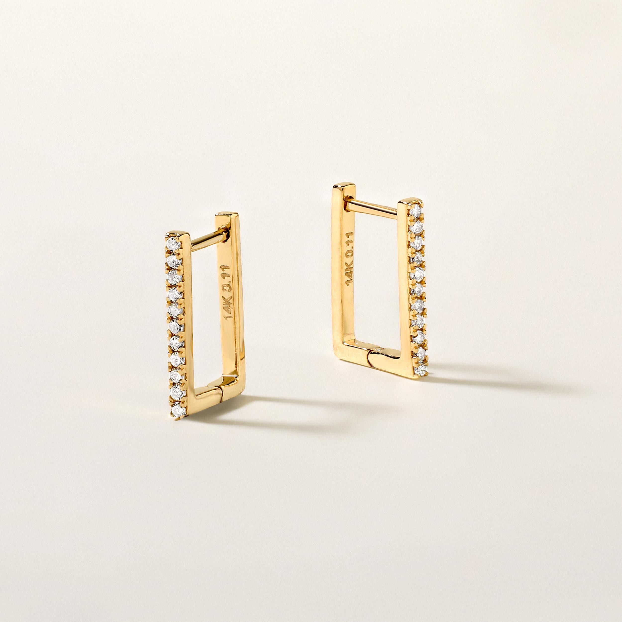 Crafted in 1.09 grams of 14K Yellow Gold, the earrings contains 22 stones of Round Diamonds with a total of 0.11 carat in F-G color and SI clarity.

CONTEMPORARY AND TIMELESS ESSENCE: Crafted in 14-karat/18-karat with 100% natural diamond and