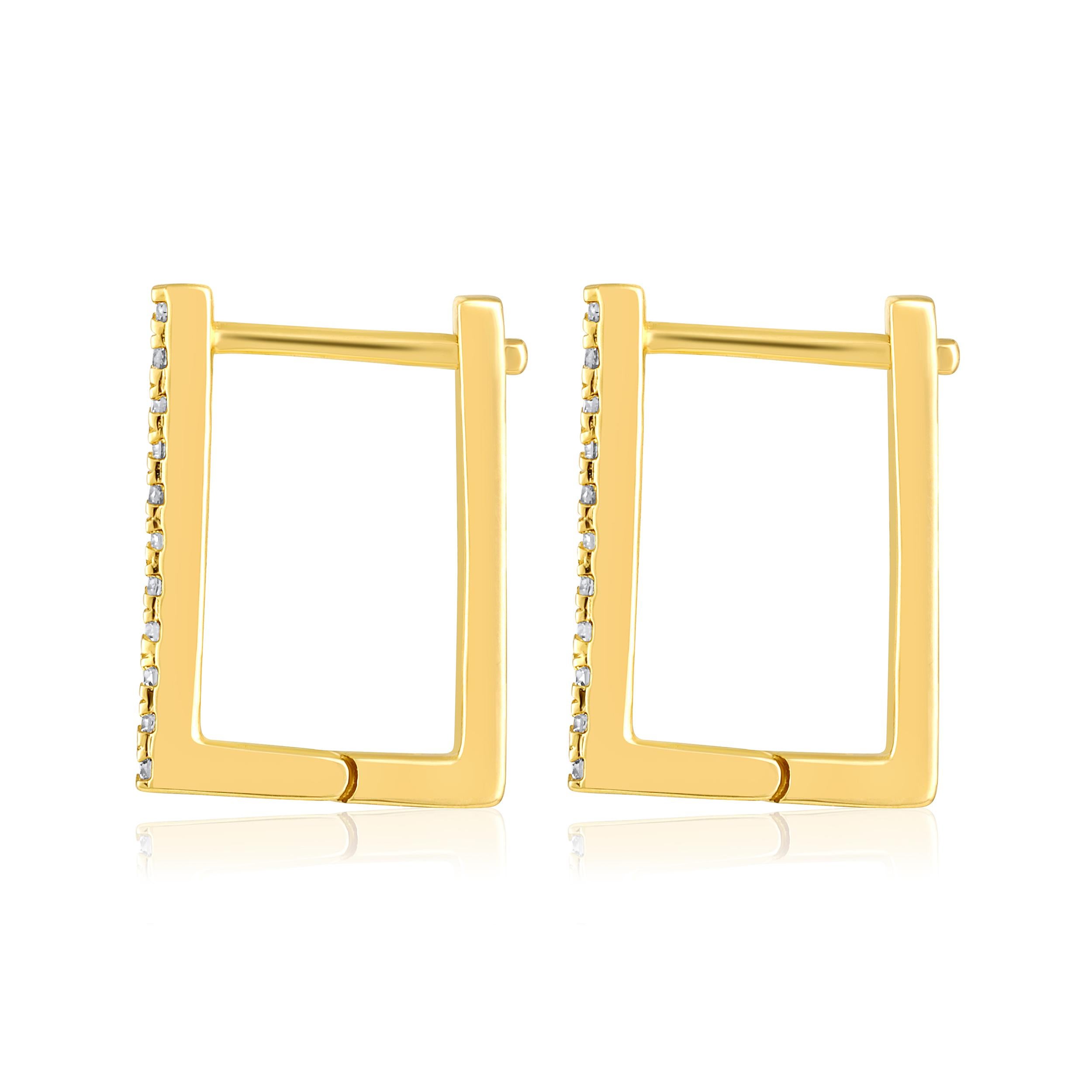 Brilliant Cut Certified 14k Gold 0.1 Carat Natural Diamond Inside Out Rectangle Hoop Earrings For Sale