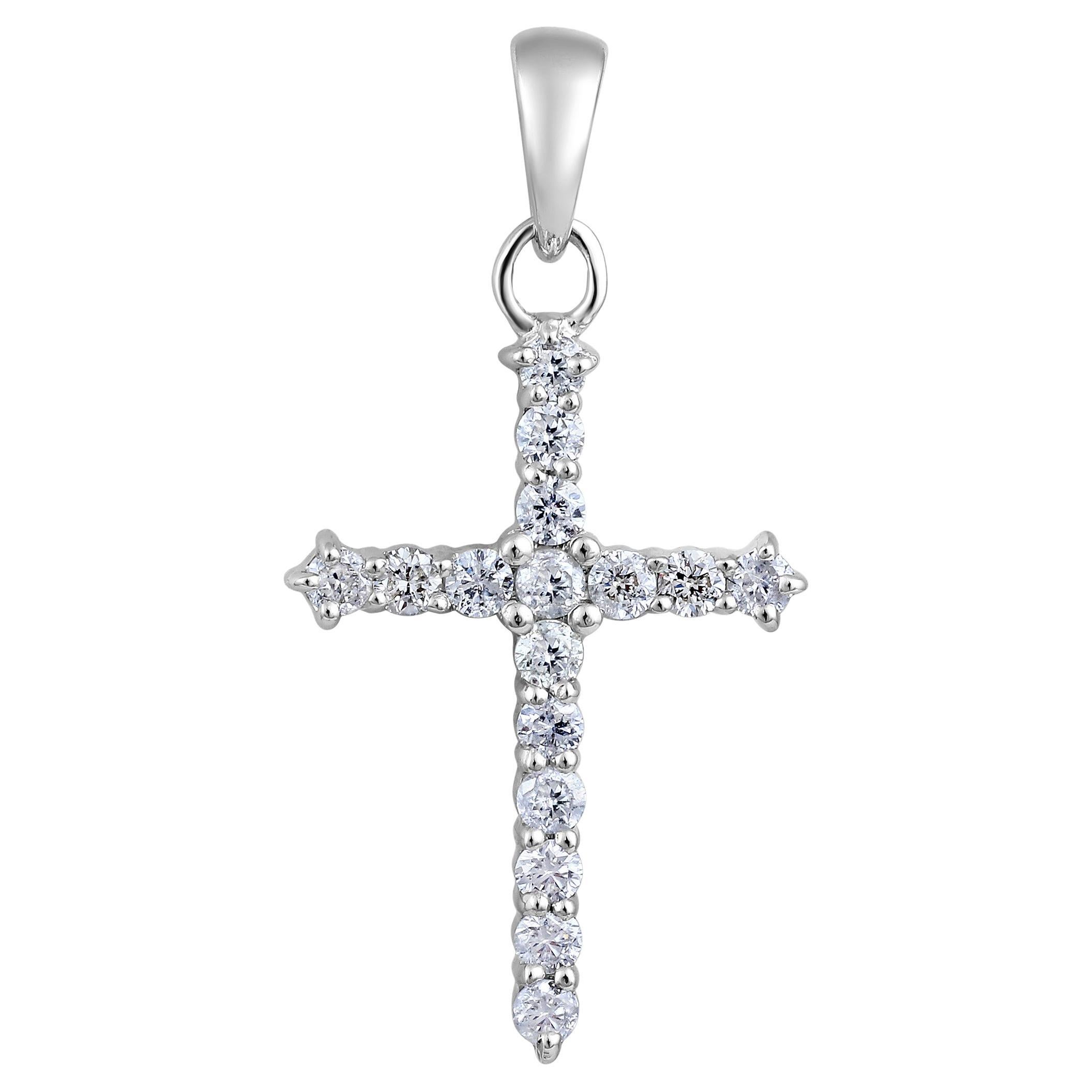 Certified 14k Gold 0.25 Carat Natural Diamond Cross Charm White Pendant Only For Sale