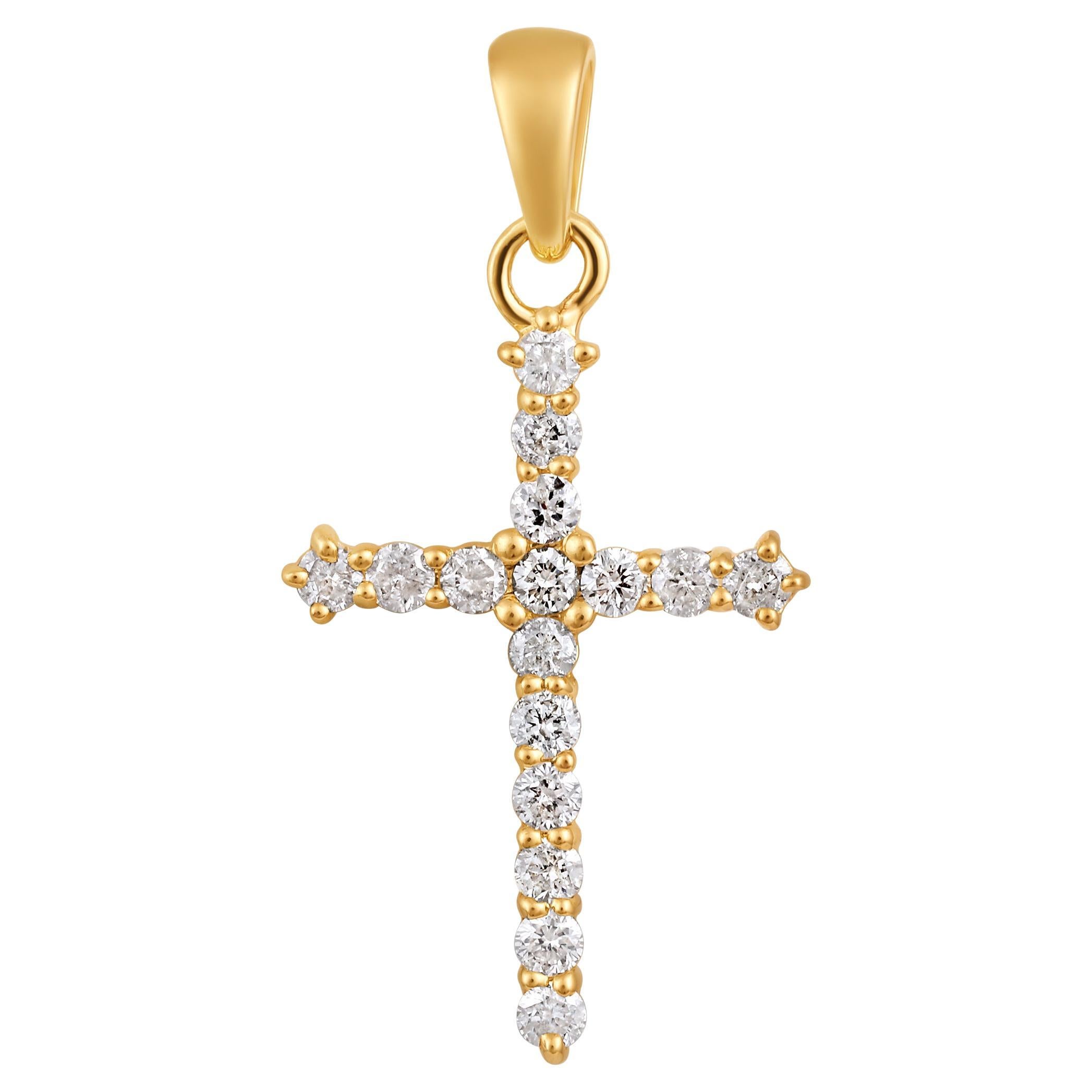 Certified 14k Gold 0.25 Carat Natural Diamond Cross Charm Yellow Pendant Only For Sale