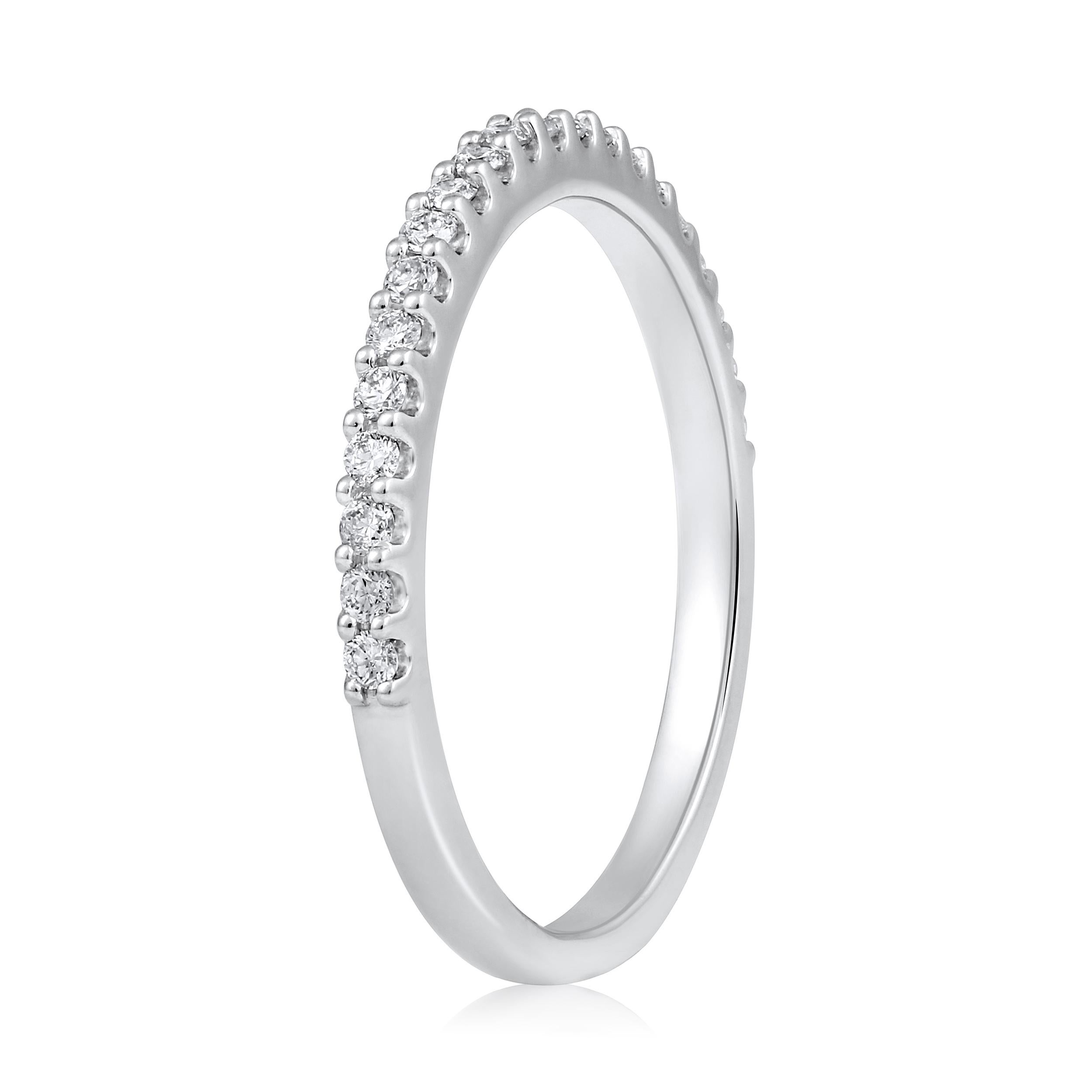 Ring Size: US 8 

Crafted in 2 grams of 14K White Gold, the ring contains 21 stones of Round Diamonds with a total of 0.26 carat in G-H color and SI clarity.

CONTEMPORARY AND TIMELESS ESSENCE: Crafted in 14-karat/18-karat with 100% natural diamond