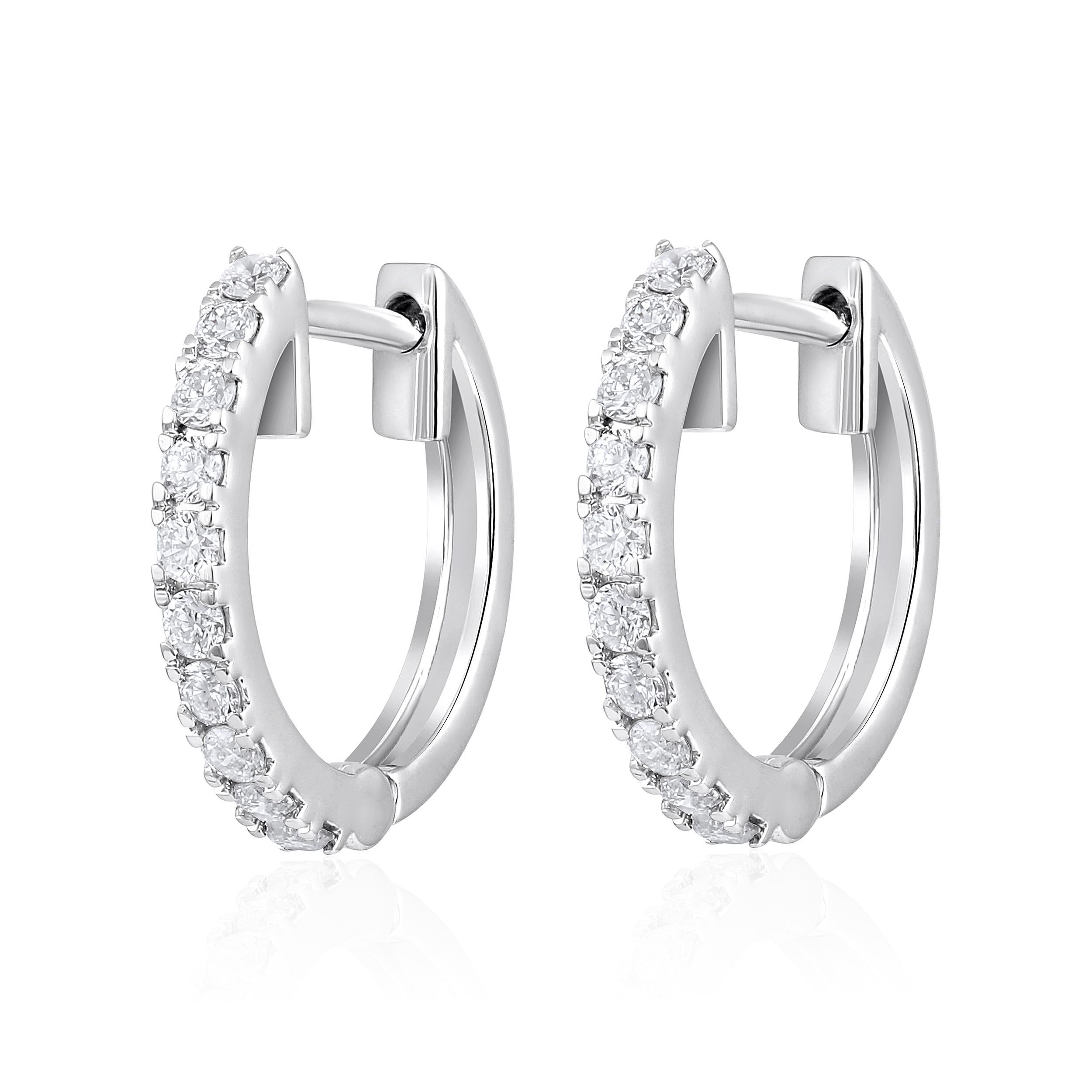 Contemporary Certified 14k Gold 0.35 Carat Natural Diamond Small Hoop White Earrings For Sale
