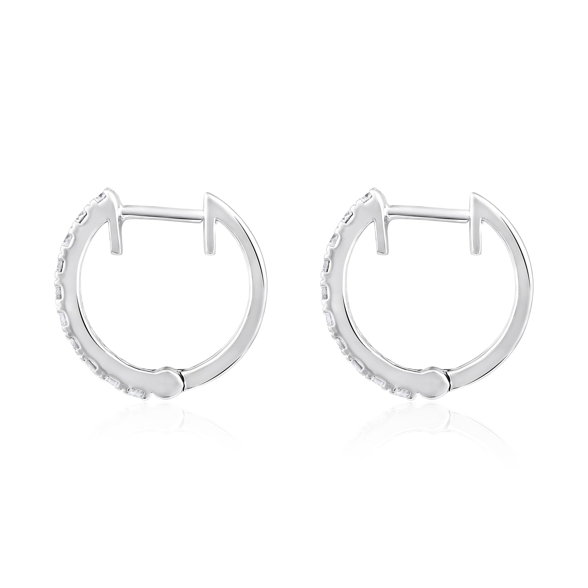 Brilliant Cut Certified 14k Gold 0.35 Carat Natural Diamond Small Hoop White Earrings For Sale