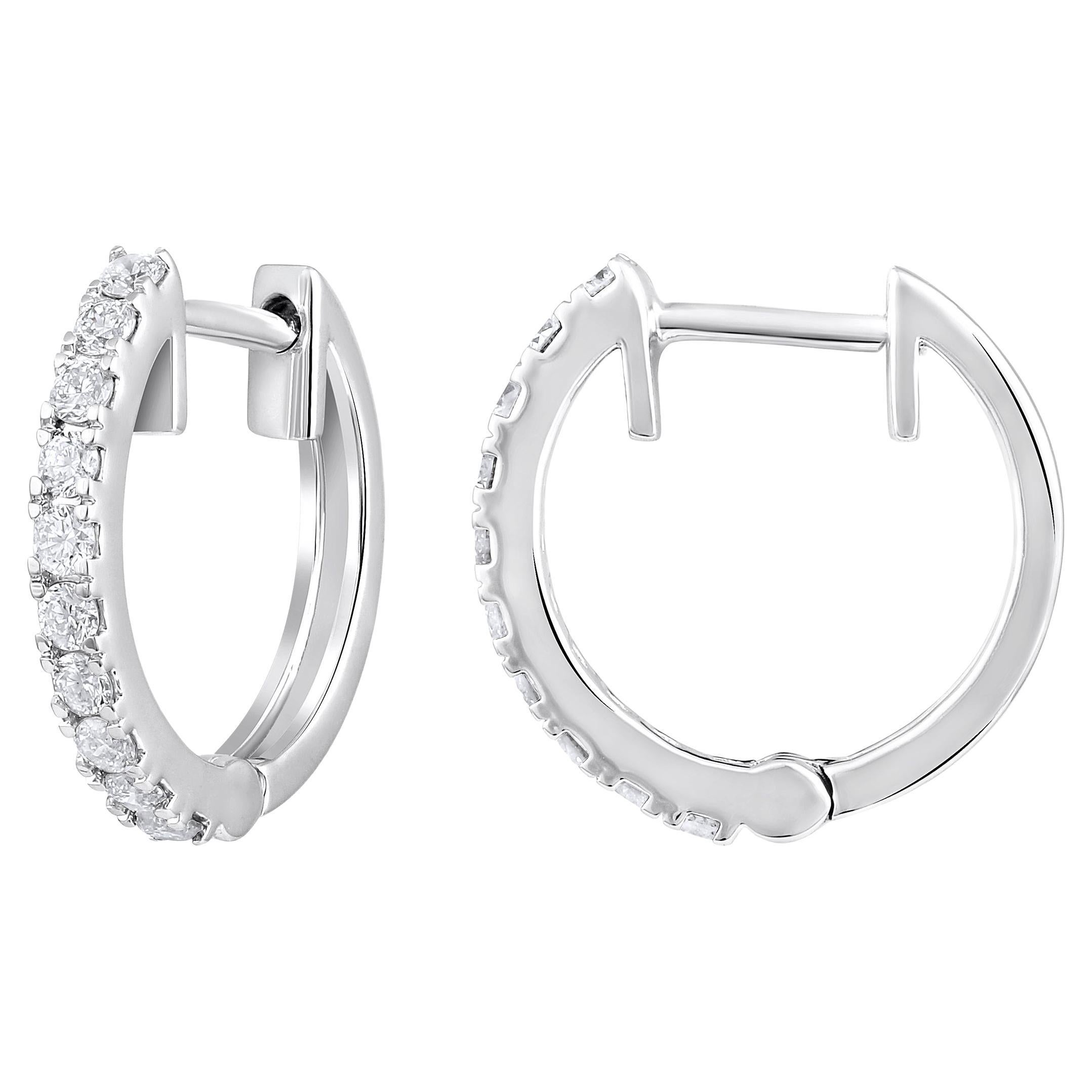Certified 14k Gold 0.35 Carat Natural Diamond Small Hoop White Earrings For Sale