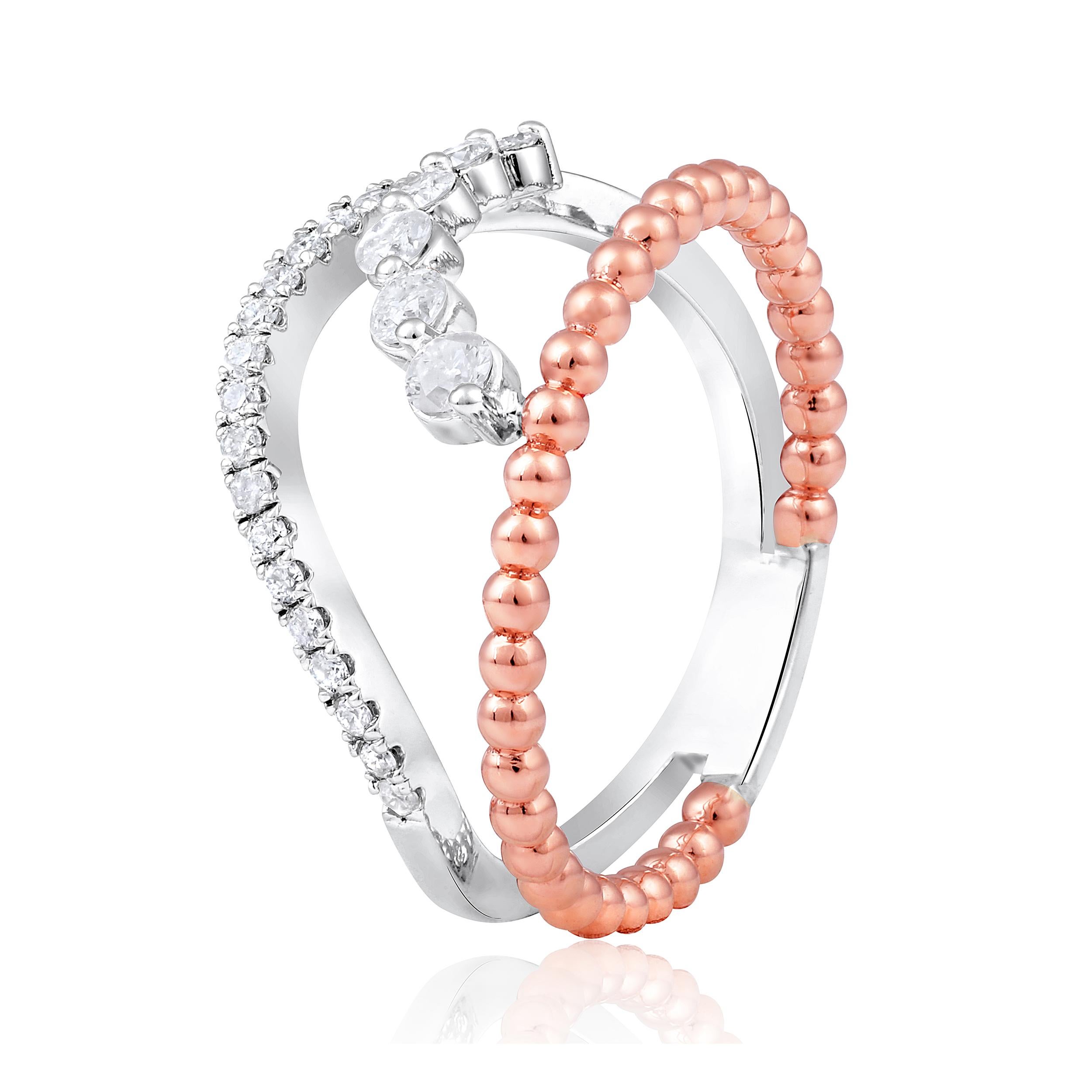 Ring Size: US 8 

Crafted in 4.5 grams of 14K White Gold and 14K Rose Gold, the ring contains 24 stones of Round Diamonds with a total of 0.39 carat in F-G color and I1-I2 clarity.

CONTEMPORARY AND TIMELESS ESSENCE: Crafted in 14-karat/18-karat