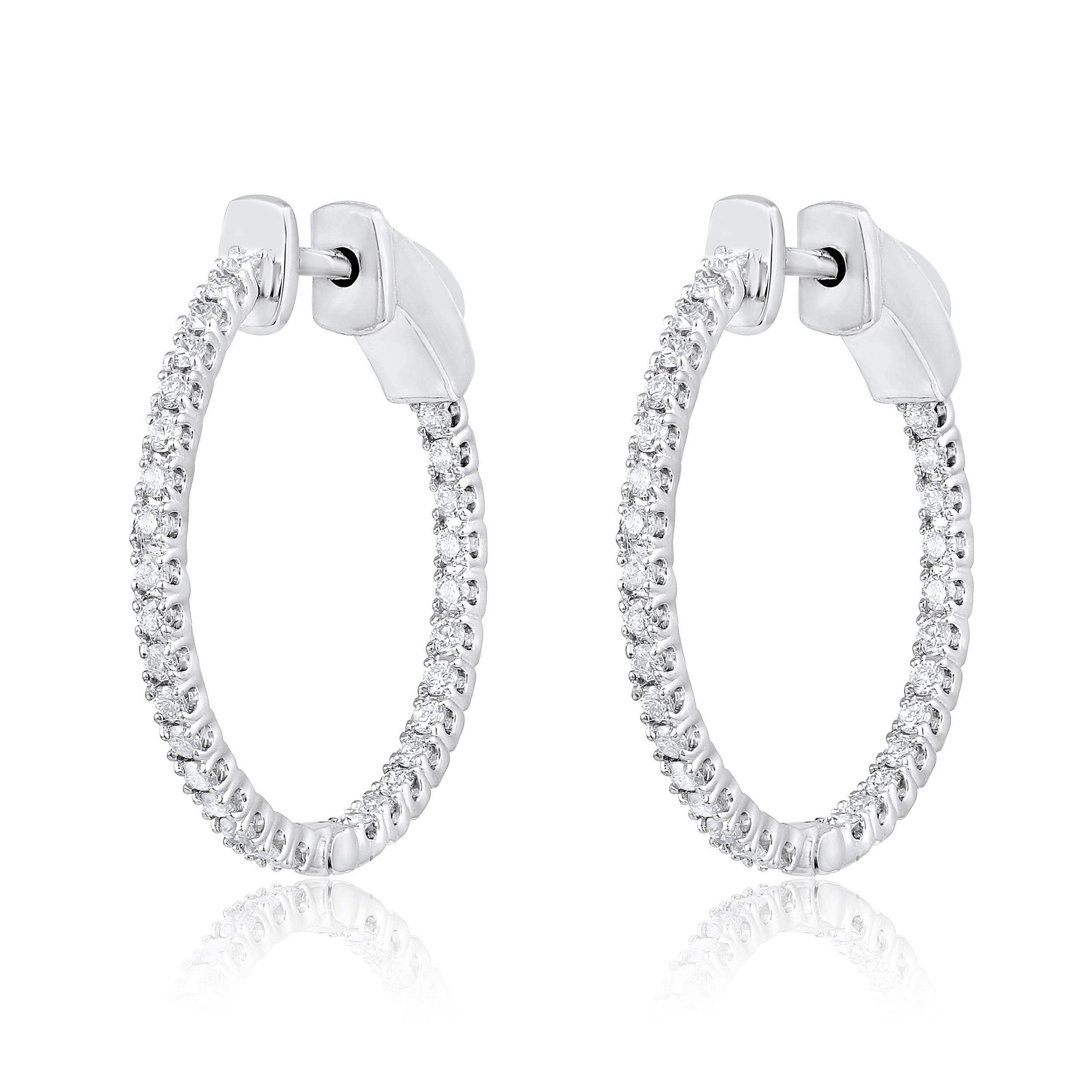 Contemporary Certified 14k Gold 0.4 Carat Natural Diamond Round Inside Out Hoop Earrings For Sale
