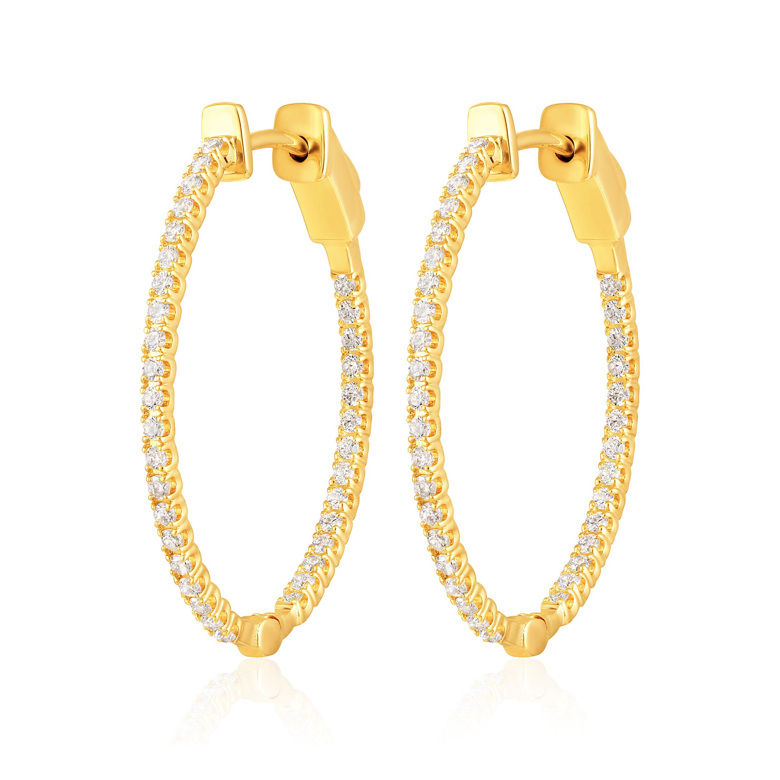 Contemporary Certified 14k Gold 0.5 Carat Natural Diamond Oval Inside Out Hoop Earrings For Sale