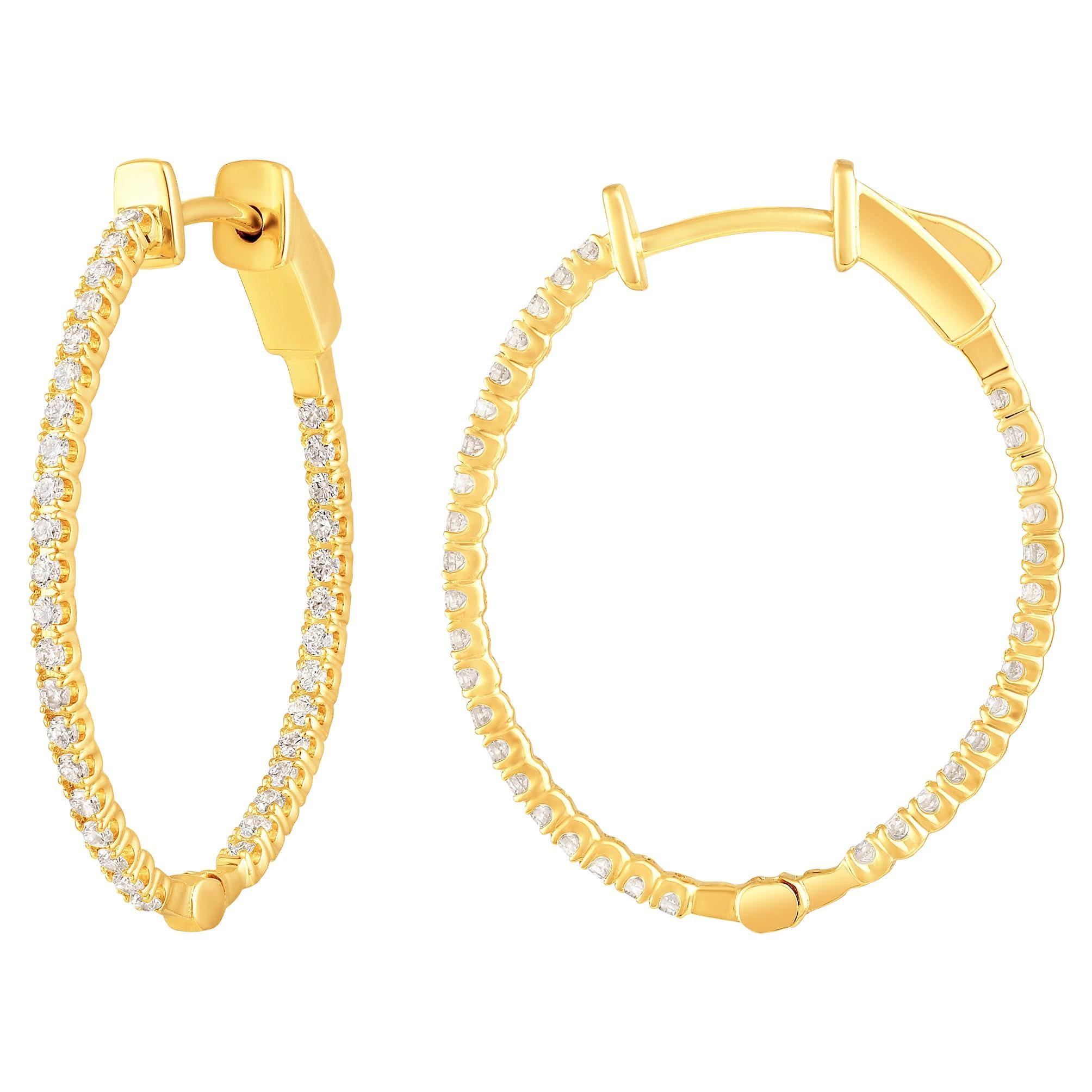 Certified 14k Gold 0.5 Carat Natural Diamond Oval Inside Out Hoop Earrings For Sale