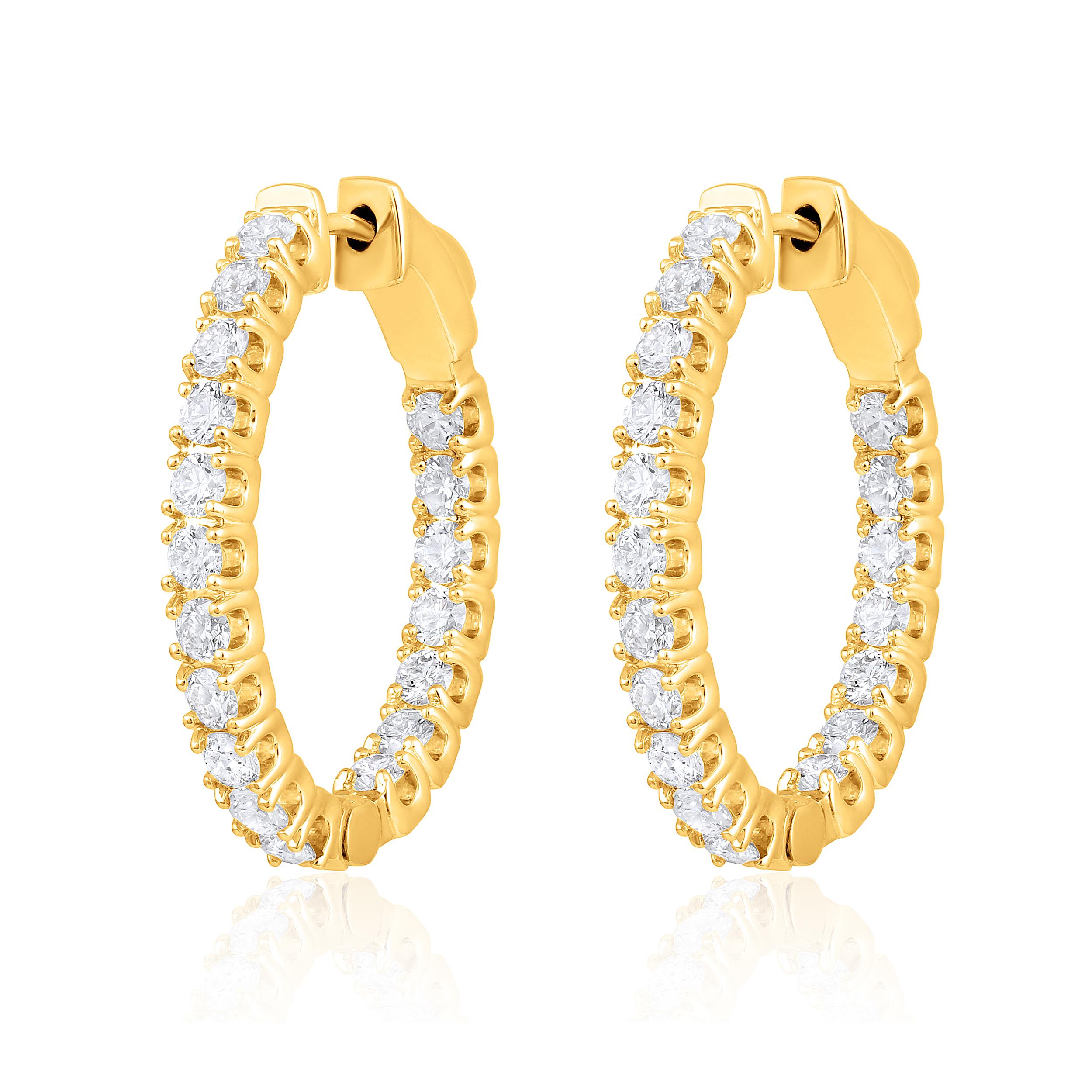 Contemporary Certified 14k Gold 0.5 Carat Natural Diamond Round Inside Out Hoop Earrings For Sale