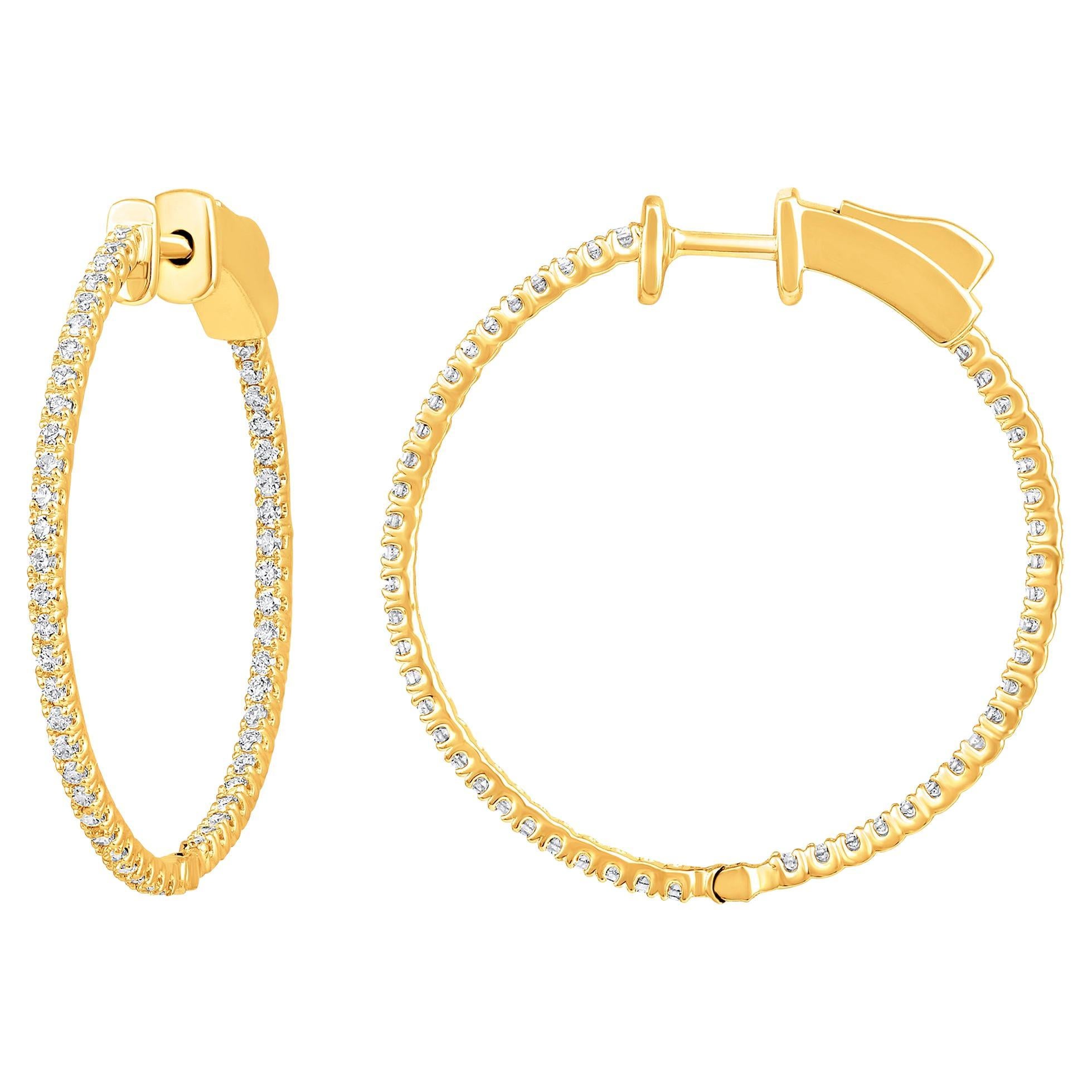 Certified 14k Gold 0.5 Carat Natural Diamond Round Inside Out Hoop Earrings For Sale