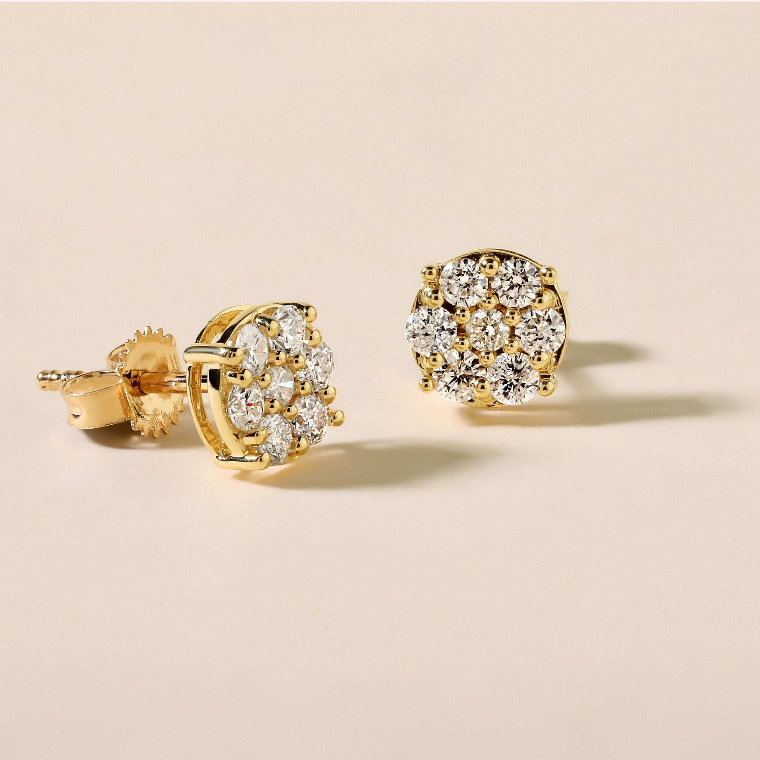 Crafted in 1.22 grams of 14K Yellow Gold, the earrings contains 14 stones of Round Diamonds with a total of 0.53 carat in F-G color and I1-I2 clarity.

This jewelry piece will be expertly crafted by our skilled artisans upon order. Allow us a