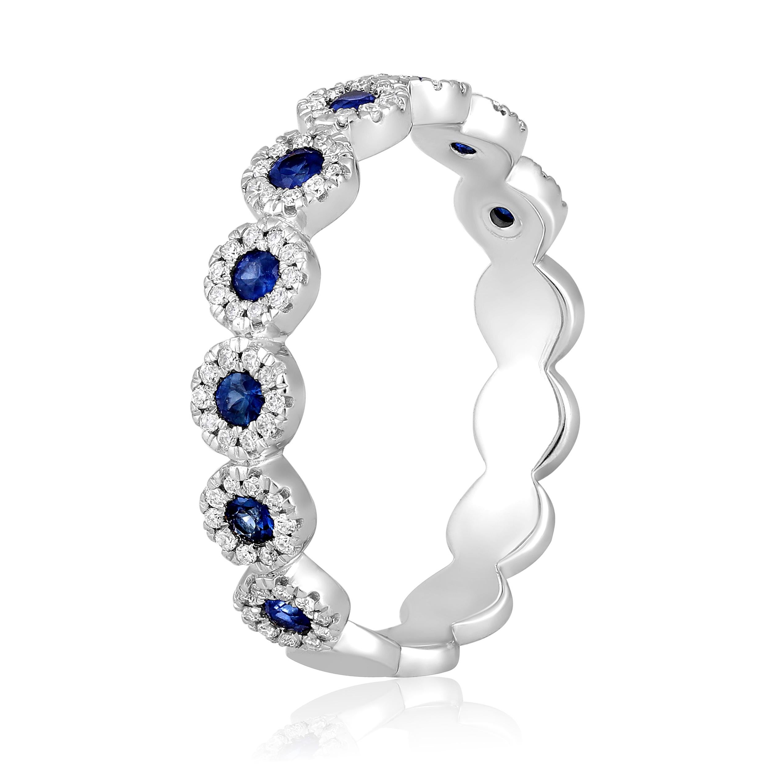 Ring Size: US 7

Crafted in 2.61 grams of 14K White Gold, the ring contains 90 stones of Round Natural Diamonds with a total of 0.17 carat in G-H color and I1-I2 clarity combined with 9 stones of Round Shaped Natural Sapphire Gemstones with a total