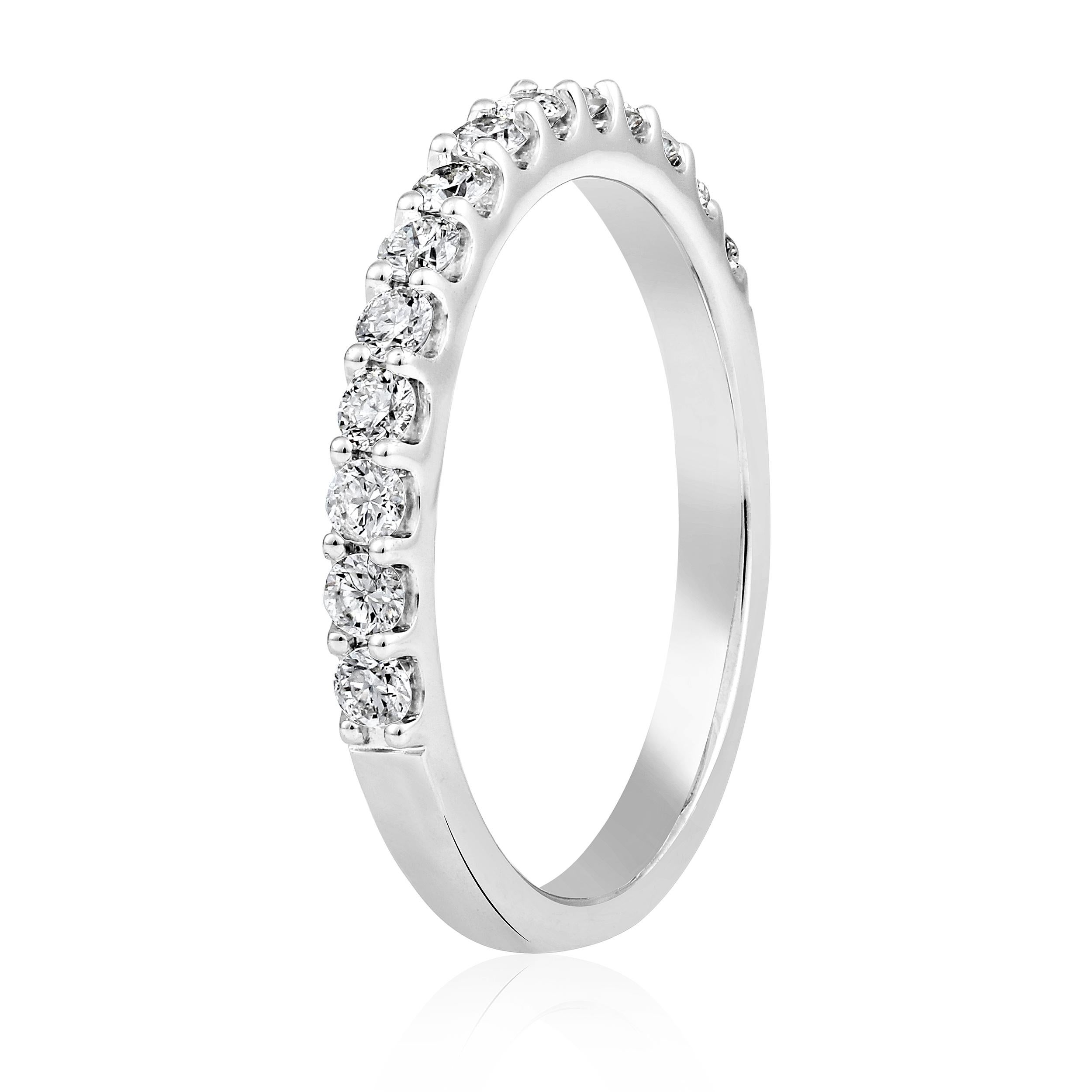 Ring Size: US 7 

Crafted in 2.53 grams of 14K White Gold, the ring contains 14 stones of Round Diamonds with a total of 0.48 carat in F-G color and I1-I2 clarity.
This jewelry piece will be expertly crafted by our skilled artisans upon order. Allow