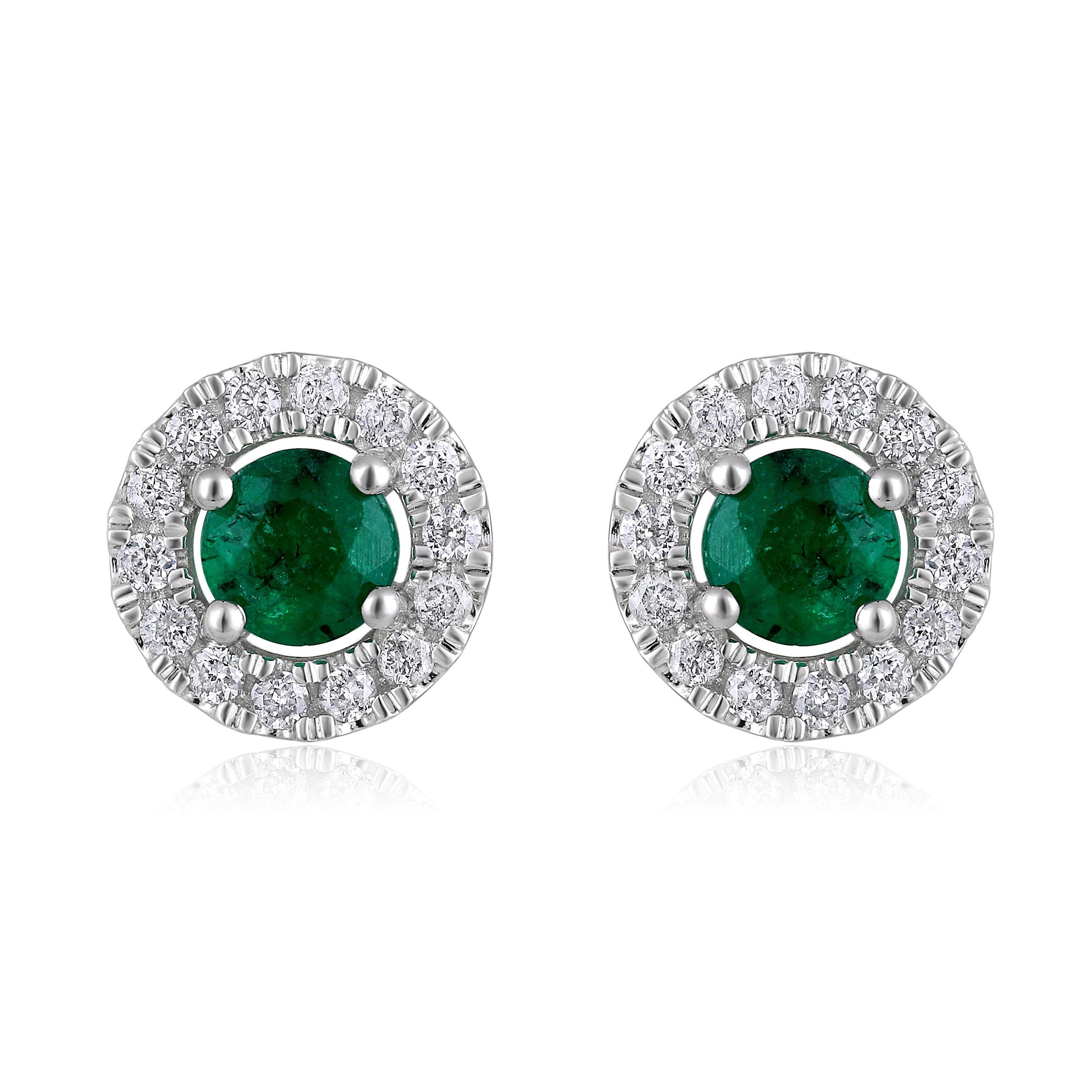Contemporary Certified 14K Gold 0.75ct Natural Diamond w/ Emerald Round Halo Stud Earrings For Sale