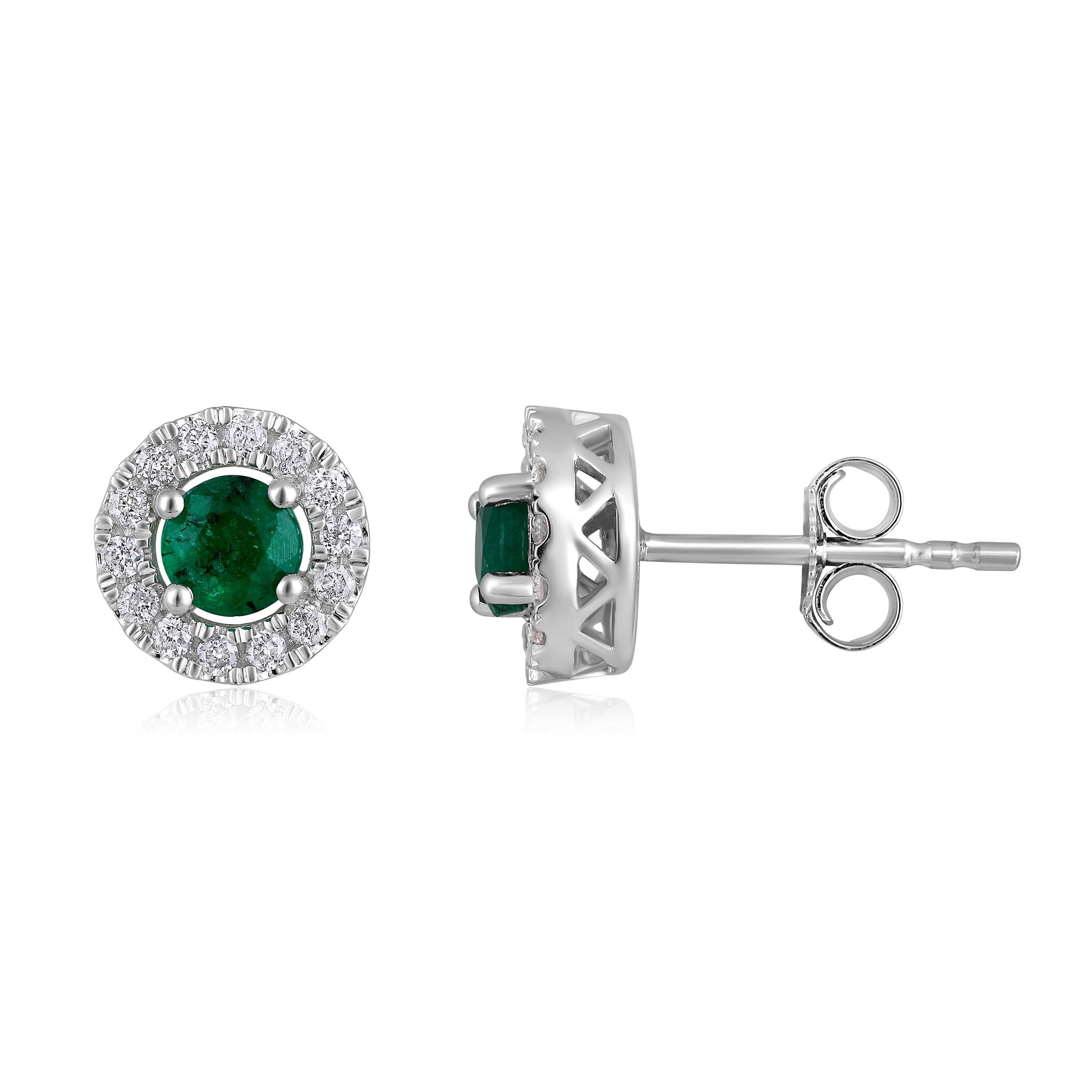 Certified 14K Gold 0.75ct Natural Diamond w/ Emerald Round Halo Stud Earrings
