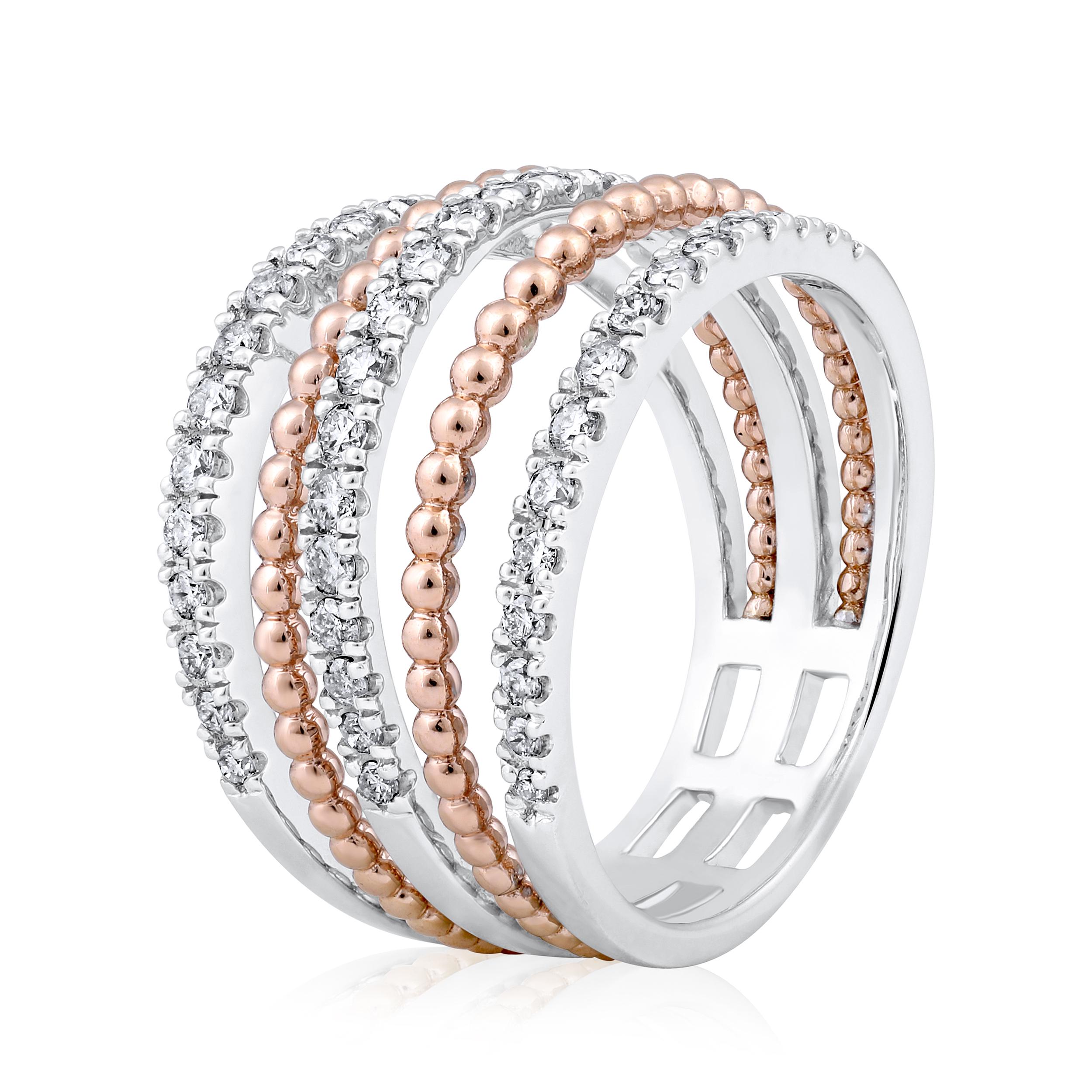 Ring Size: US 8 

Crafted in 7.08 grams of 14K White Gold and 14K Rose Gold, the ring contains 47 stones of Round Diamonds with a total of 0.69 carat in F-G color and I1-I2 clarity.

CONTEMPORARY AND TIMELESS ESSENCE: Crafted in 14-karat/18-karat