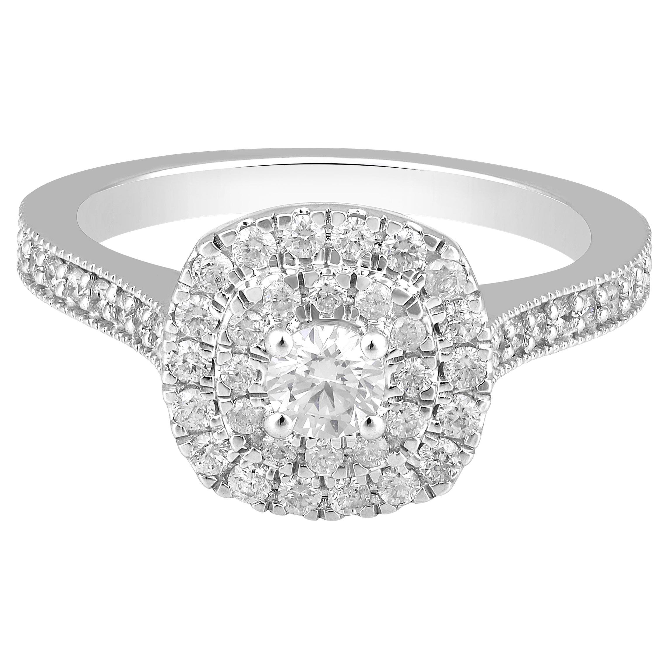 Certified 14K Gold 0.7ct Natural Diamond F-I1 Double Halo Solitaire Wedding Ring For Sale