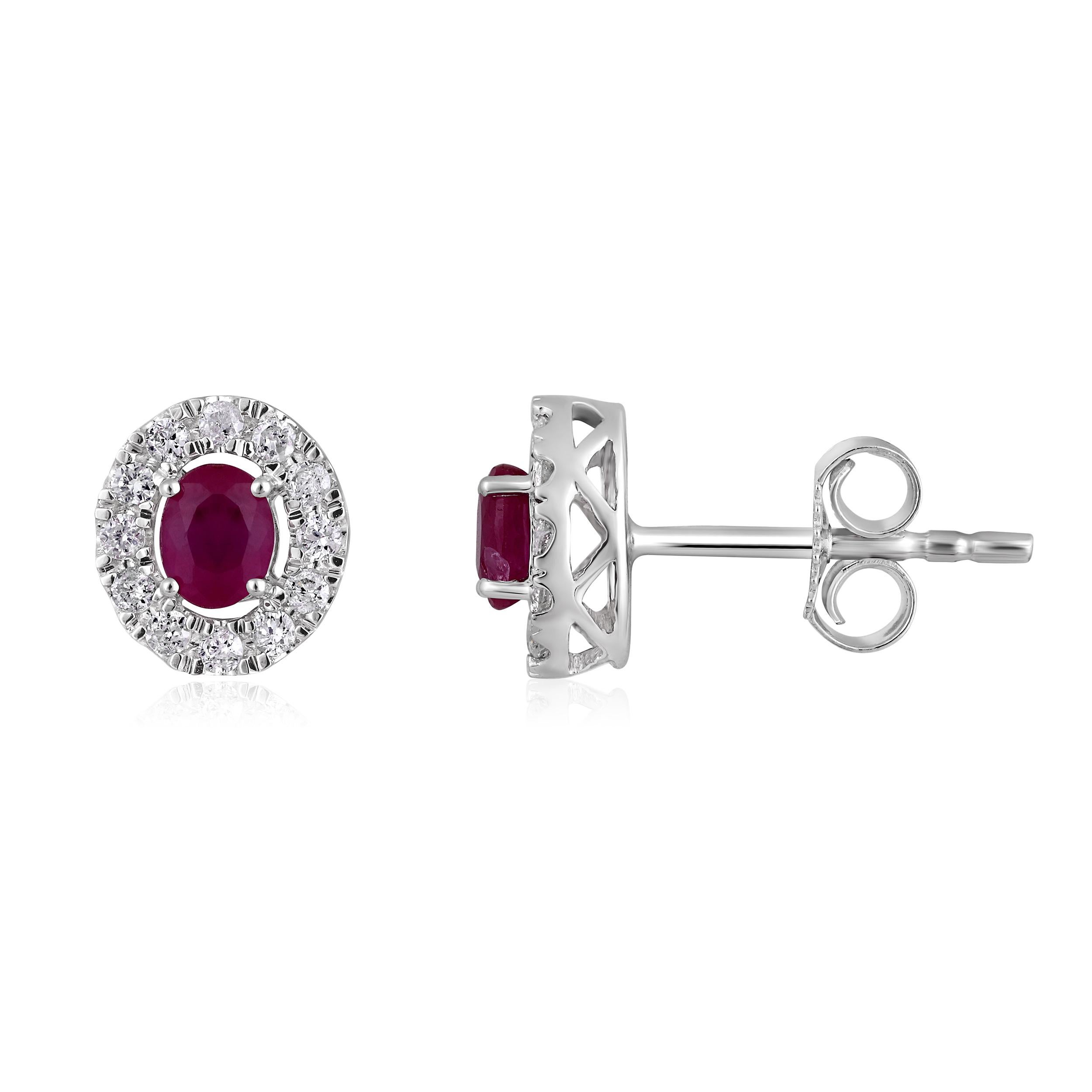 Contemporary Certified 14K Gold 0.7ct Natural Diamond w/ Ruby Oval Halo Stud Earrings For Sale
