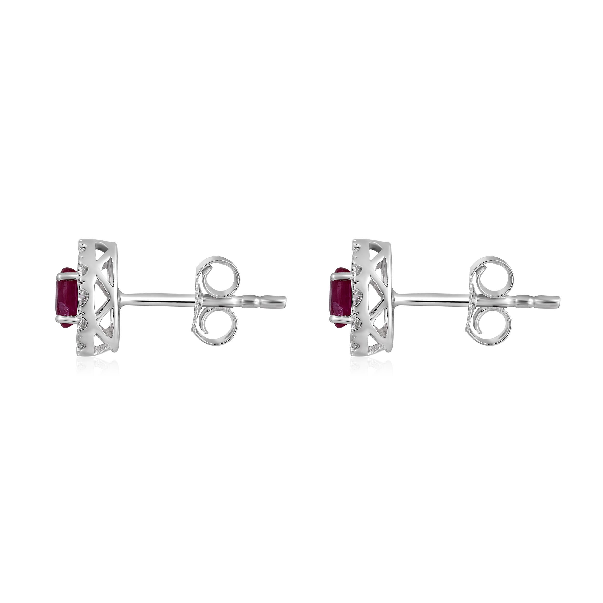 Brilliant Cut Certified 14K Gold 0.7ct Natural Diamond w/ Ruby Oval Halo Stud Earrings For Sale