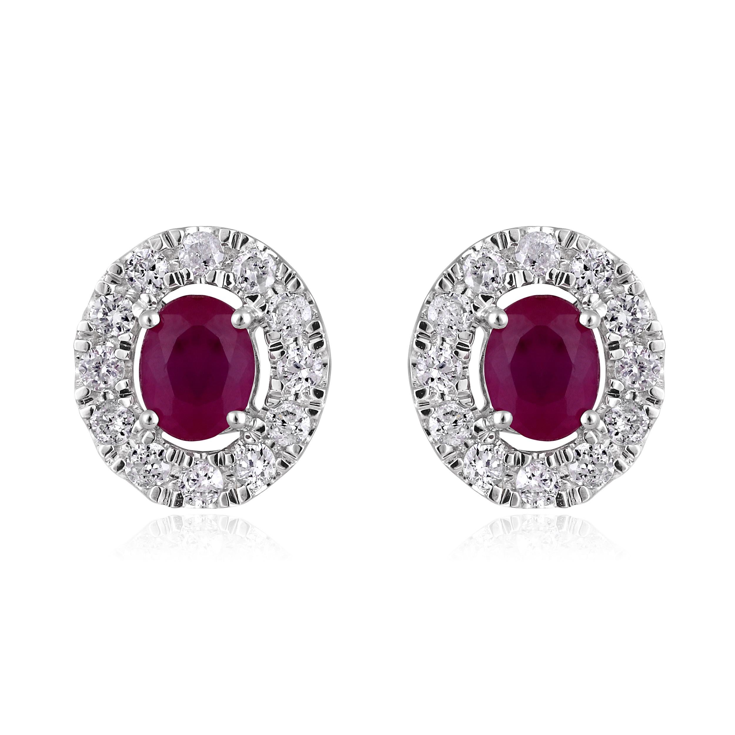 Certified 14K Gold 0.7ct Natural Diamond w/ Ruby Oval Halo Stud Earrings For Sale