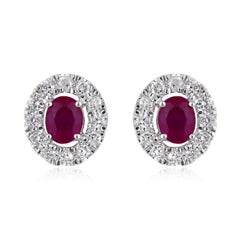 Certified 14K Gold 0.7ct Natural Diamond w/ Ruby Oval Halo Stud Earrings