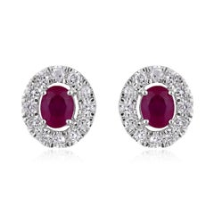 Used Certified 14K Gold 0.7ct Natural Diamond w/ Ruby Oval Halo Stud Earrings