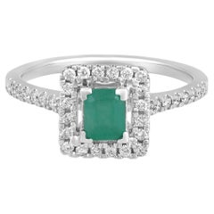 Certified 14K Gold 0.8ct Natural Diamond w/ Emerald Solitaire Square Halo Ring