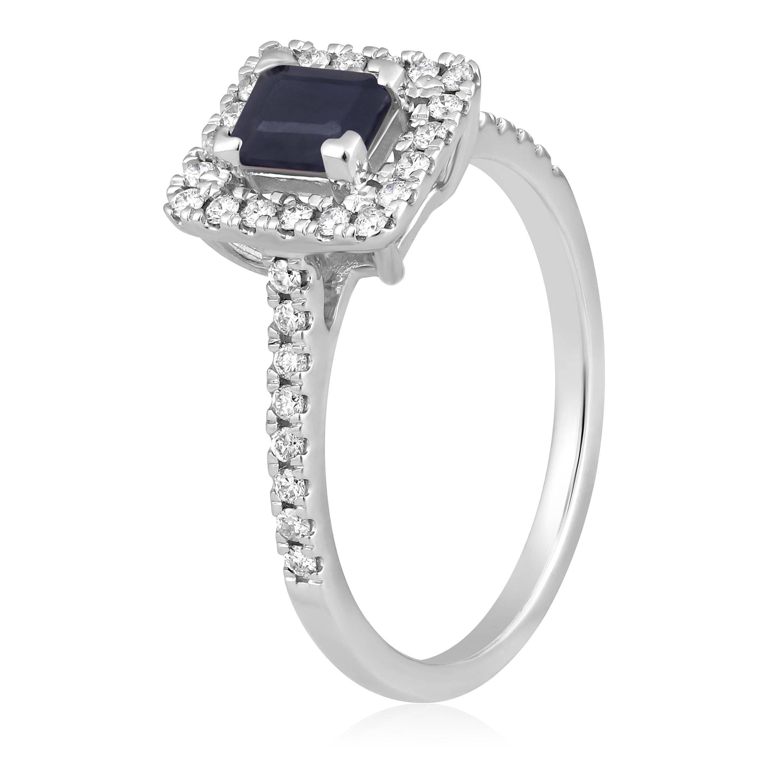 Contemporary Certified 14K Gold 0.9ct Natural Diamond w/ Sapphire Solitaire Square Halo Ring For Sale