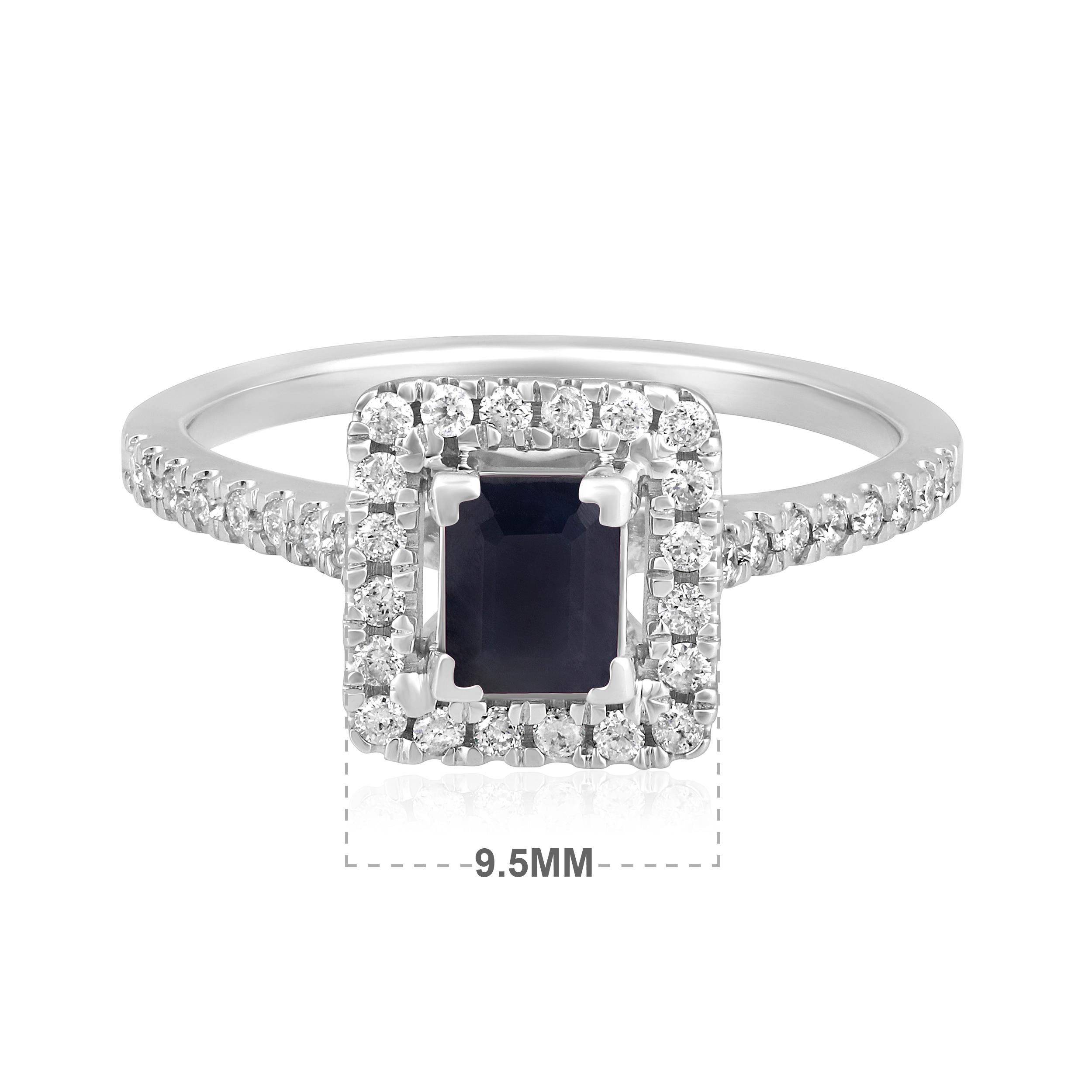Emerald Cut Certified 14K Gold 0.9ct Natural Diamond w/ Sapphire Solitaire Square Halo Ring For Sale