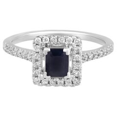 Certified 14K Gold 0.9ct Natural Diamond w/ Sapphire Solitaire Square Halo Ring