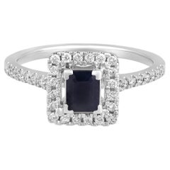 Bague solitaire carrée en or 14 carats certifiée, diamant naturel 0,9 carat avec saphir