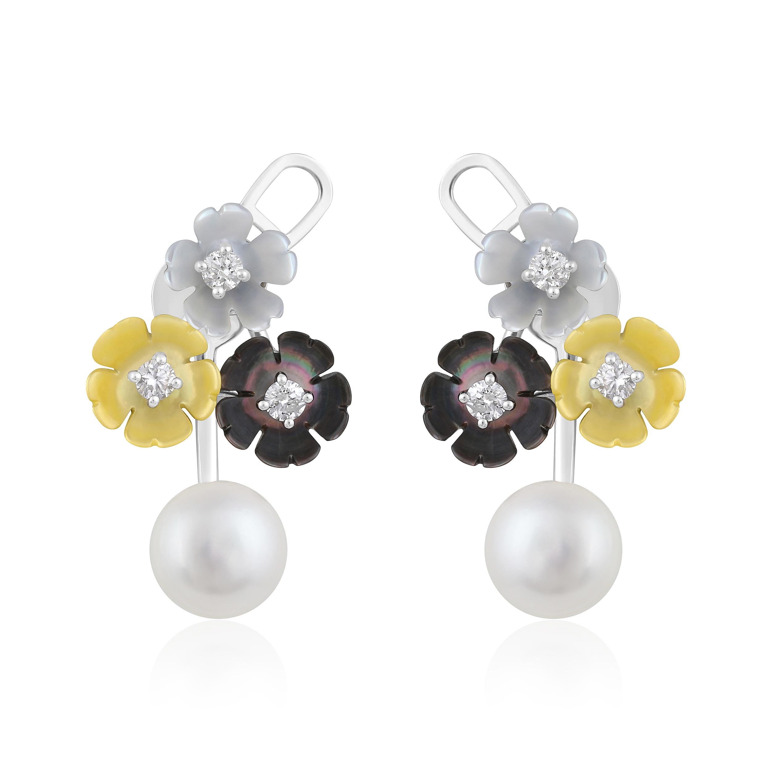 Contemporary Certified 14k Gold 10 Carat Natural Diamond w/ Cultured Pearls 3 Flower Earrings For Sale