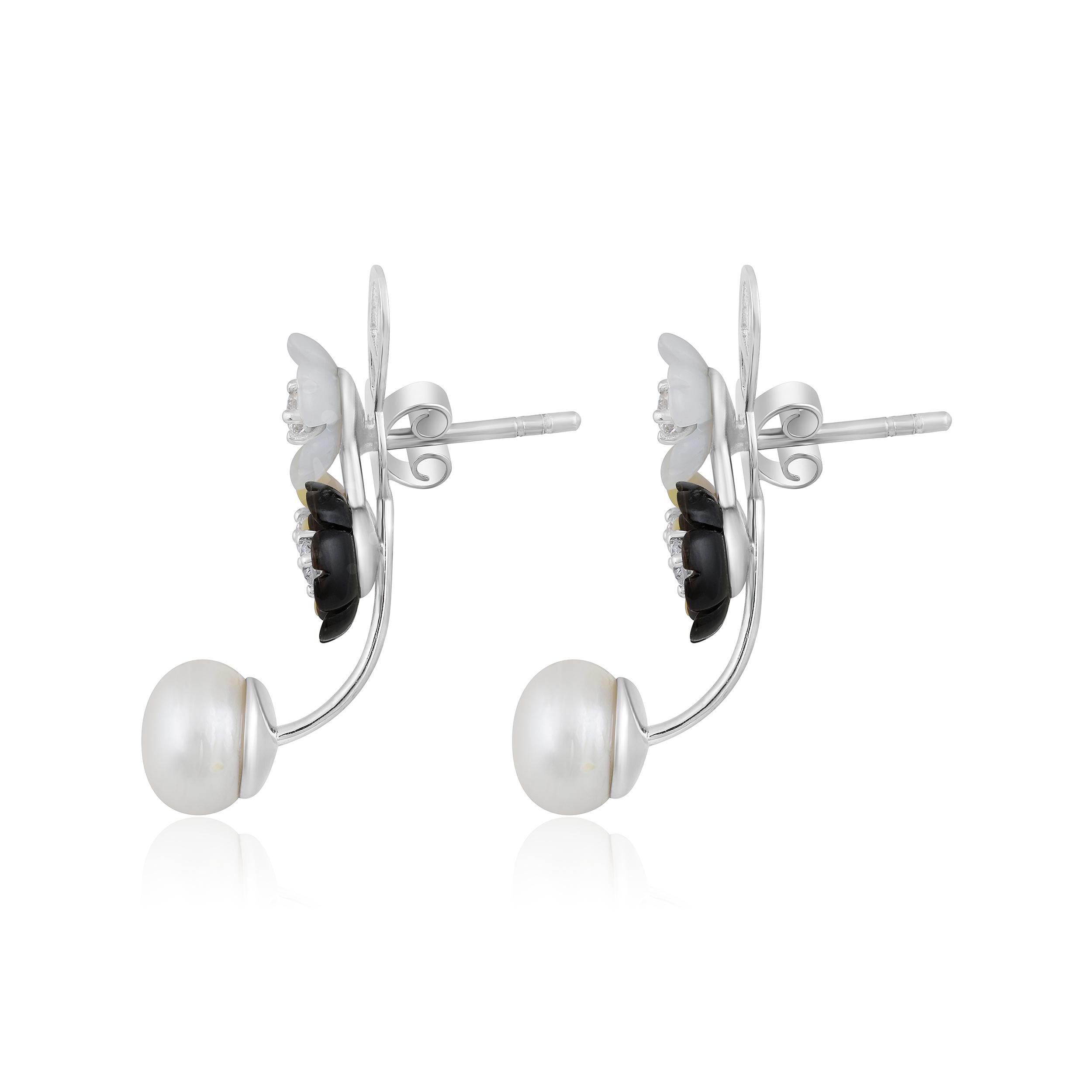 Brilliant Cut Certified 14k Gold 10 Carat Natural Diamond w/ Cultured Pearls 3 Flower Earrings For Sale