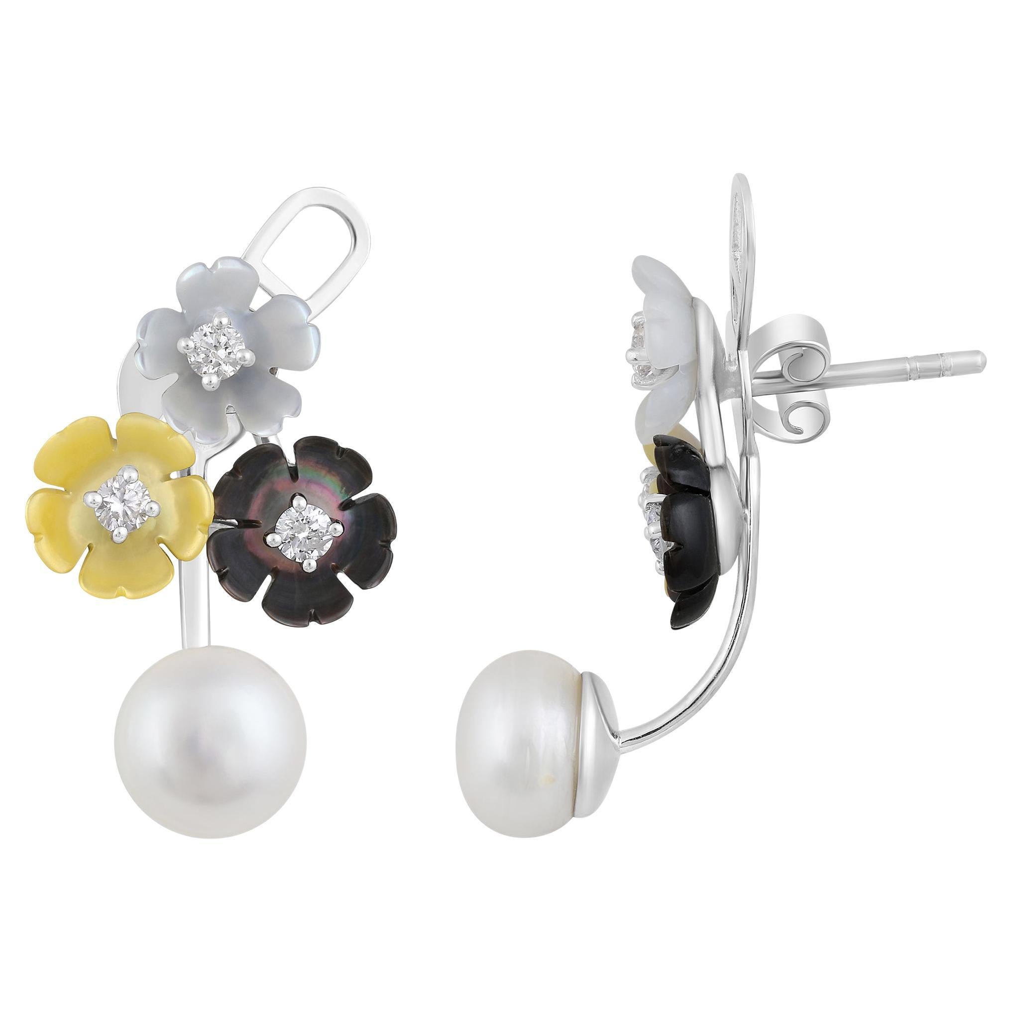 Boucles d'oreilles à 3 fleurs en or 14 carats certifié avec diamants naturels de 10 carats et perles de culture