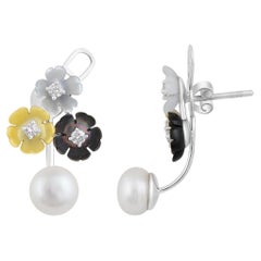 Boucles d'oreilles à 3 fleurs en or 14 carats certifié avec diamants naturels de 10 carats et perles de culture