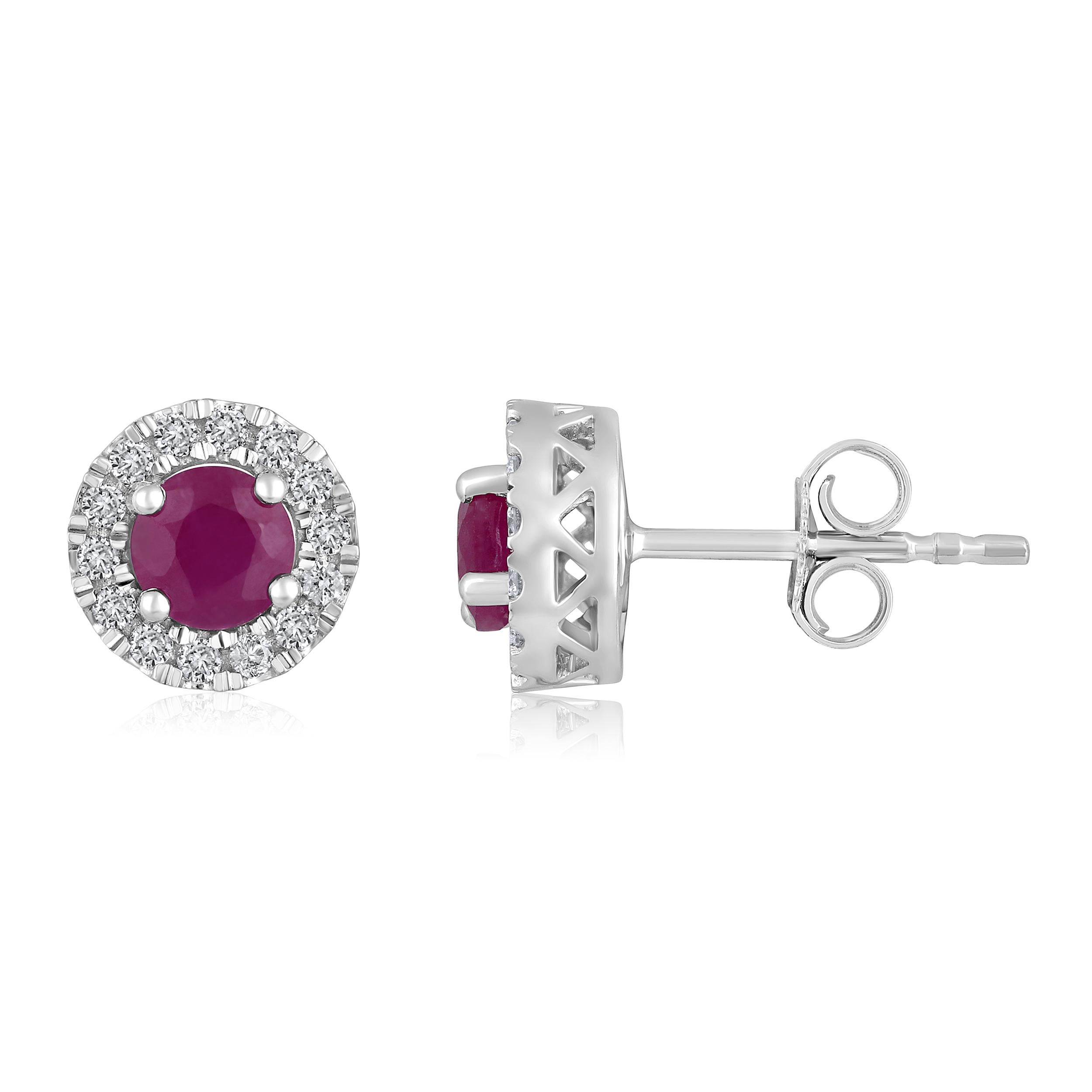 Crafted in 2.25 grams of 14K White Gold, the earrings contain 28 stones of Round Natural Diamonds with a total of 0.23 carat in F-G color and I1-I2 clarity combined with 2 stones of Round Shaped Natural Ruby Gemstones with a total of 0.91